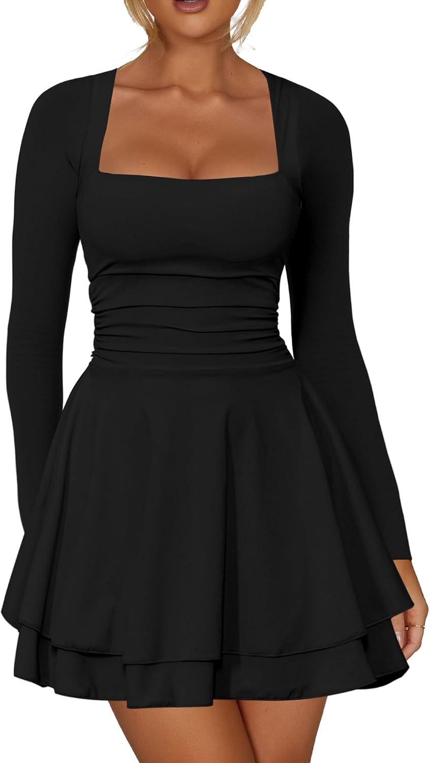 Kaximil Women's Square Neck Ruffle Hem Mini Dress Ruched Waist Long Sleeve Corset Short Party Dresses