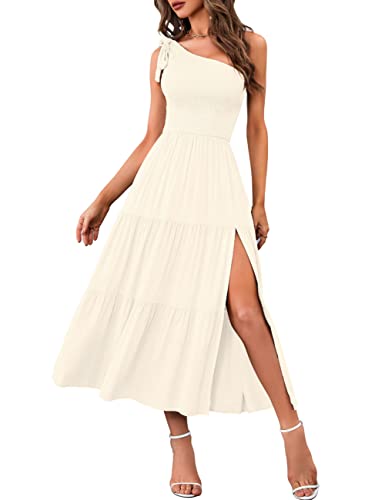 MEROKEETY Women's Summer One Shoulder Sleeveless Knot Smocked Midi Dress Split Tiered Flowy Dresses