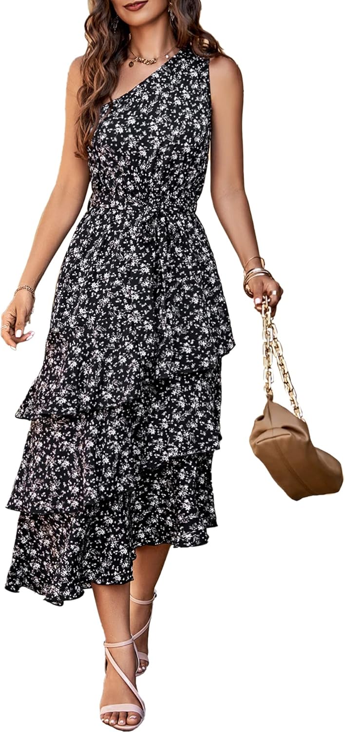 PRETTYGARDEN Women's Summer Floral Sundress Casual One Shoulder Tiered Ruffle Flowy Midi Beach Boho Dresses