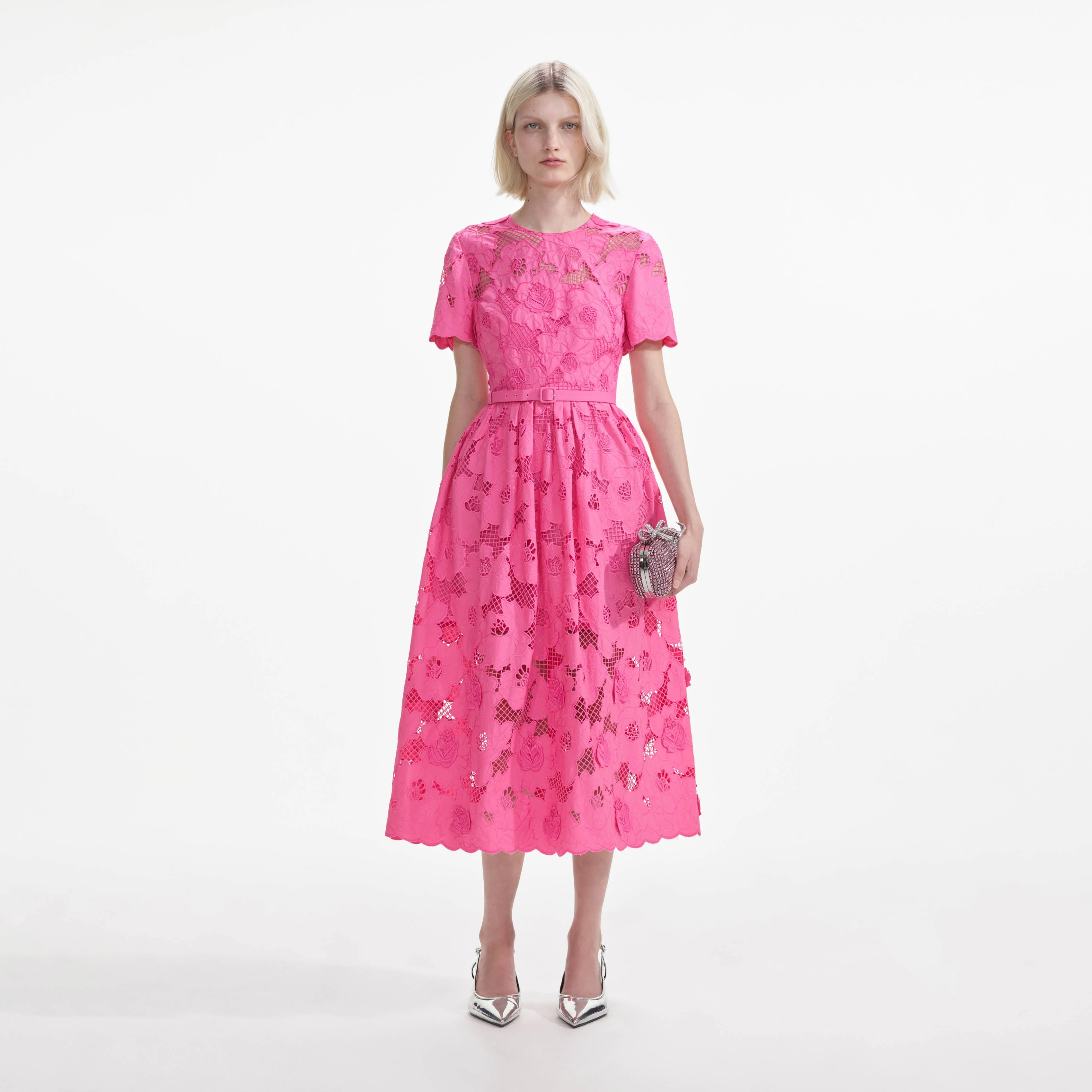 Pink Cotton Lace Midi Dress
