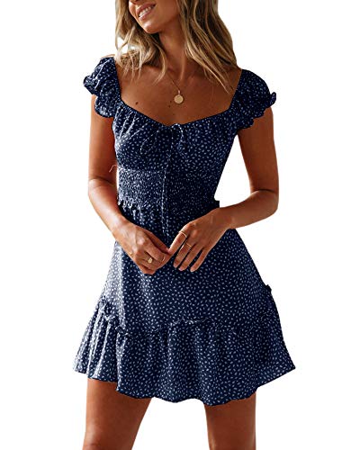 YOBECHO Womens Summer Ruffle Sleeve Sweetheart Neckline Printing Dress Mini Dresses