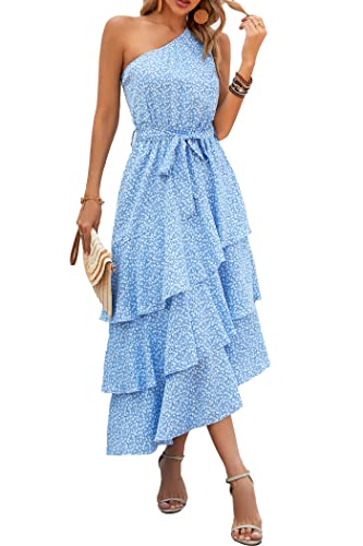 PRETTYGARDEN Women's Summer Floral Sundress Casual One Shoulder Tiered Ruffle Flowy Midi Beach Boho Dresses