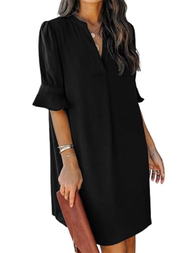 QACOHU Summer Dresses for Women V Neck Ruffle Short Sleeve Casual Shift Dress
