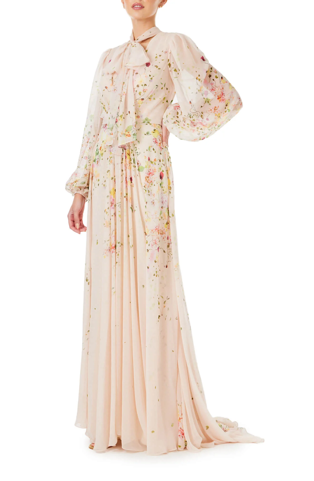 Floral Chiffon Long Sleeve Gown
