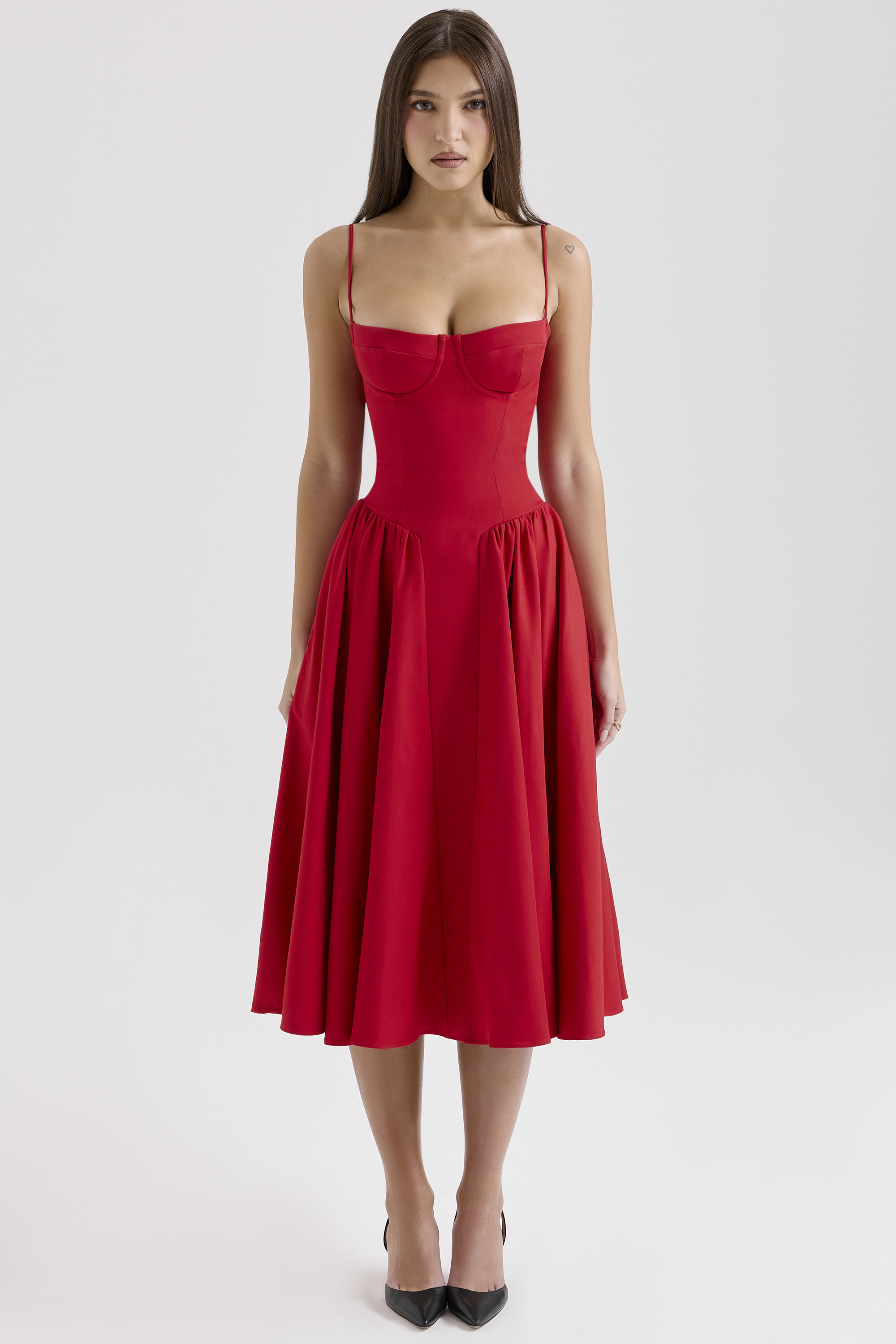 red gathered midi dress
