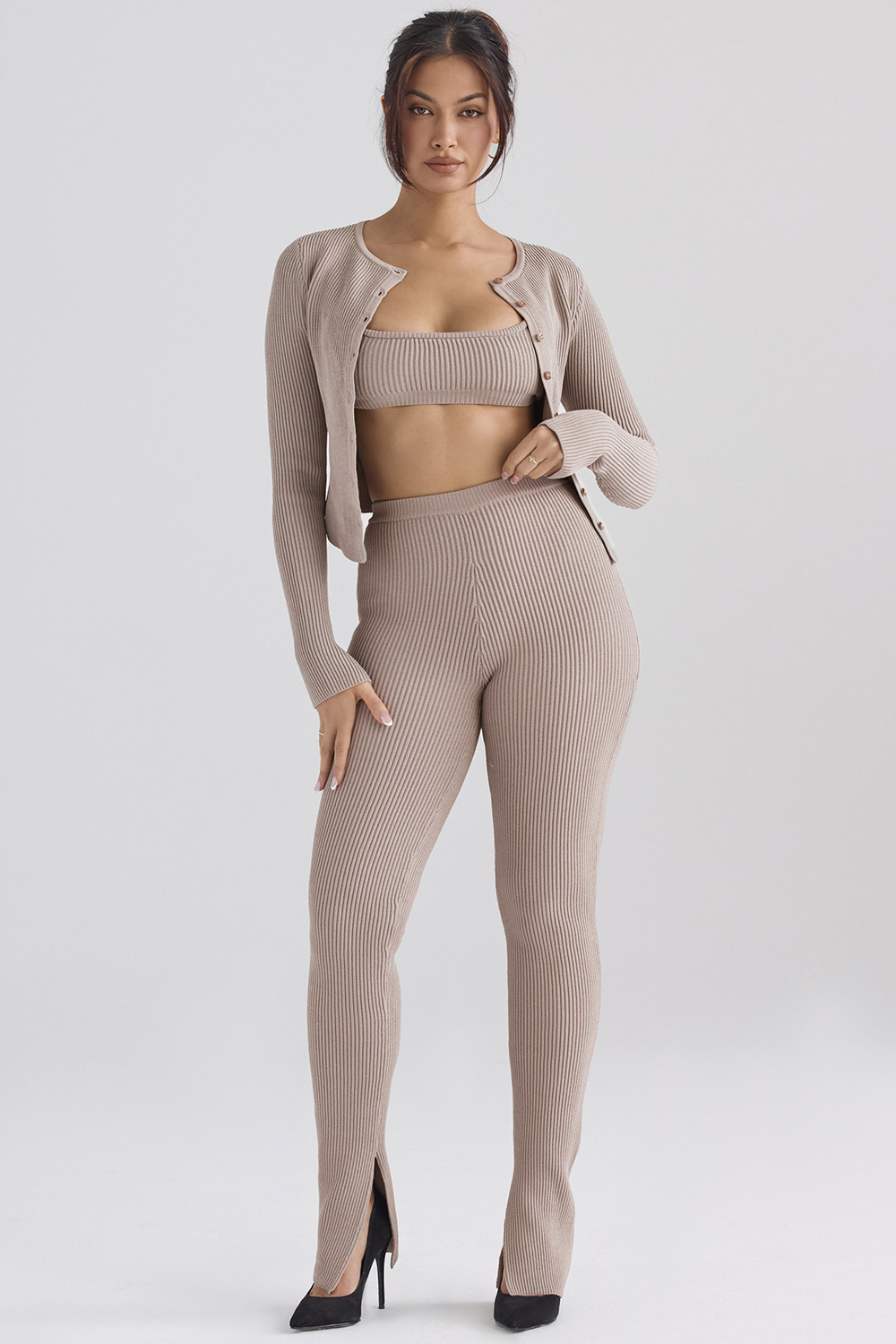 taupe ribbed knit leggings