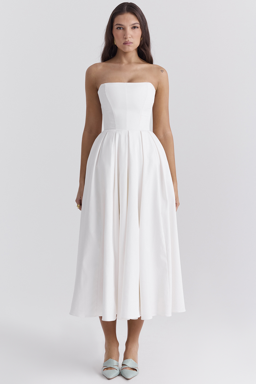 white strapless midi sundress