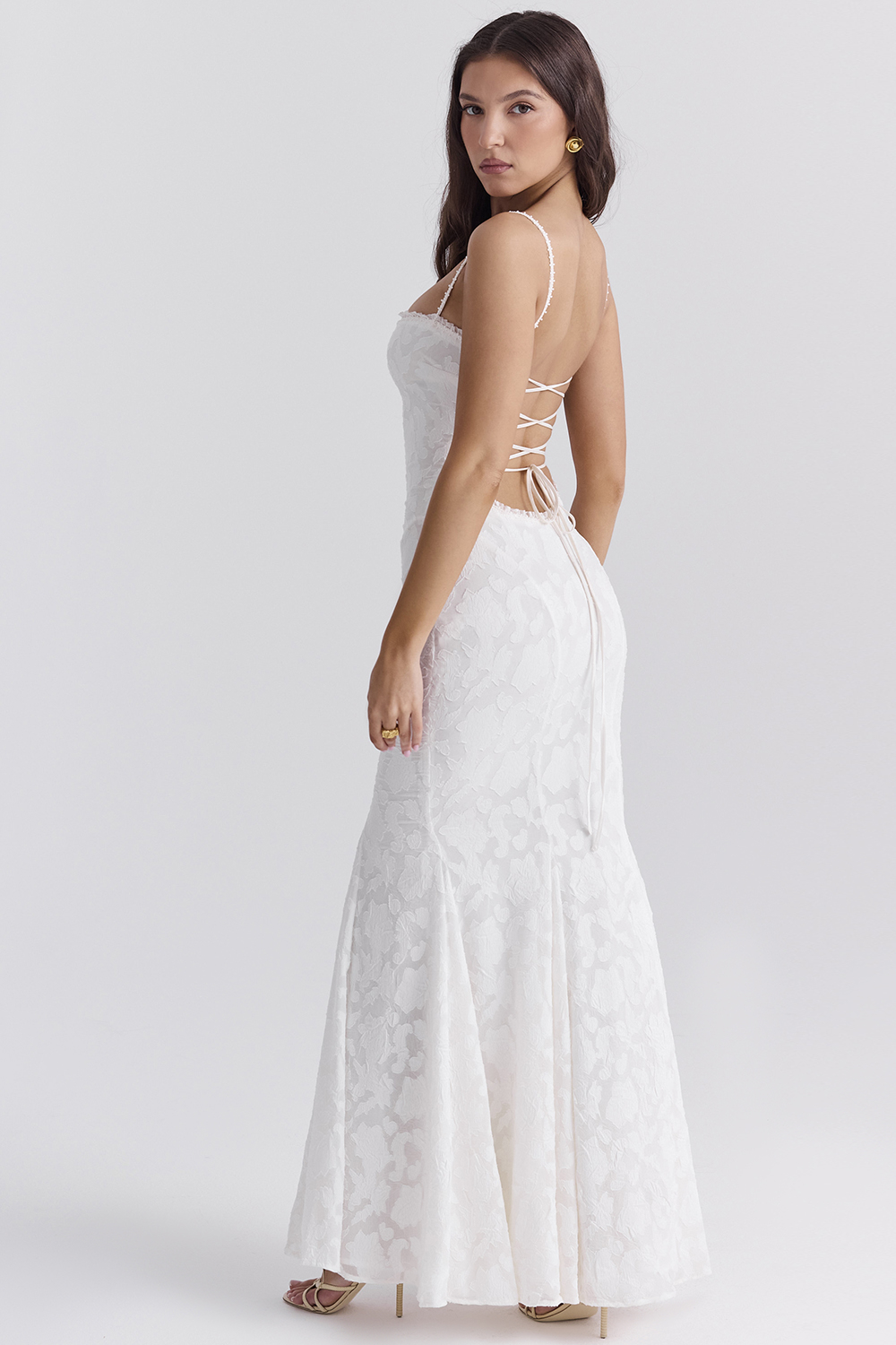 ivory lace up back maxi dress