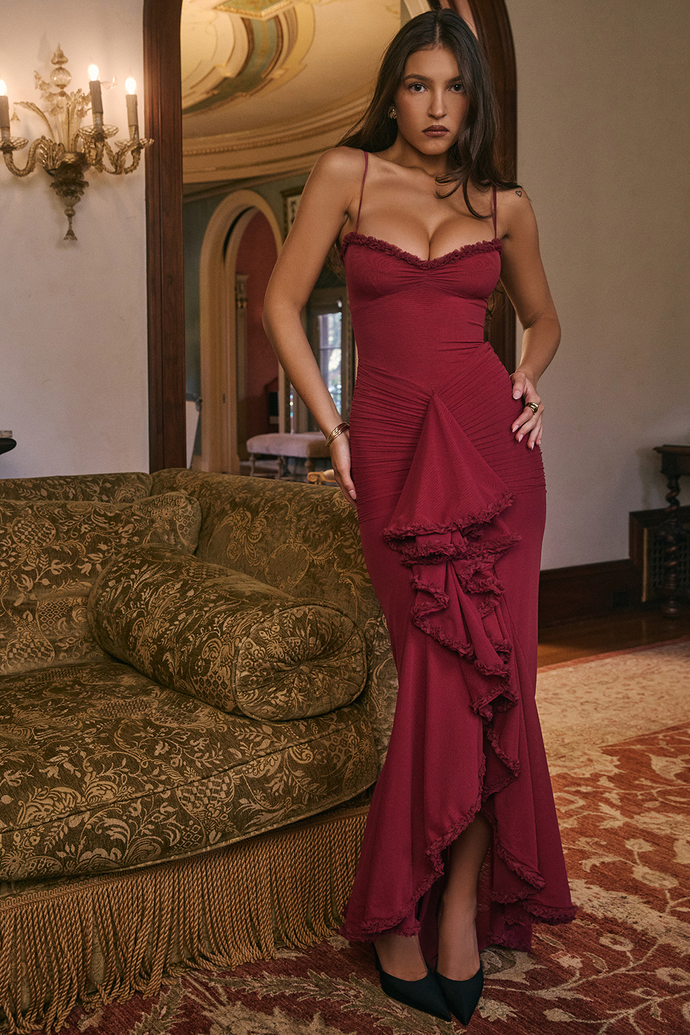 wine ruffled front gown