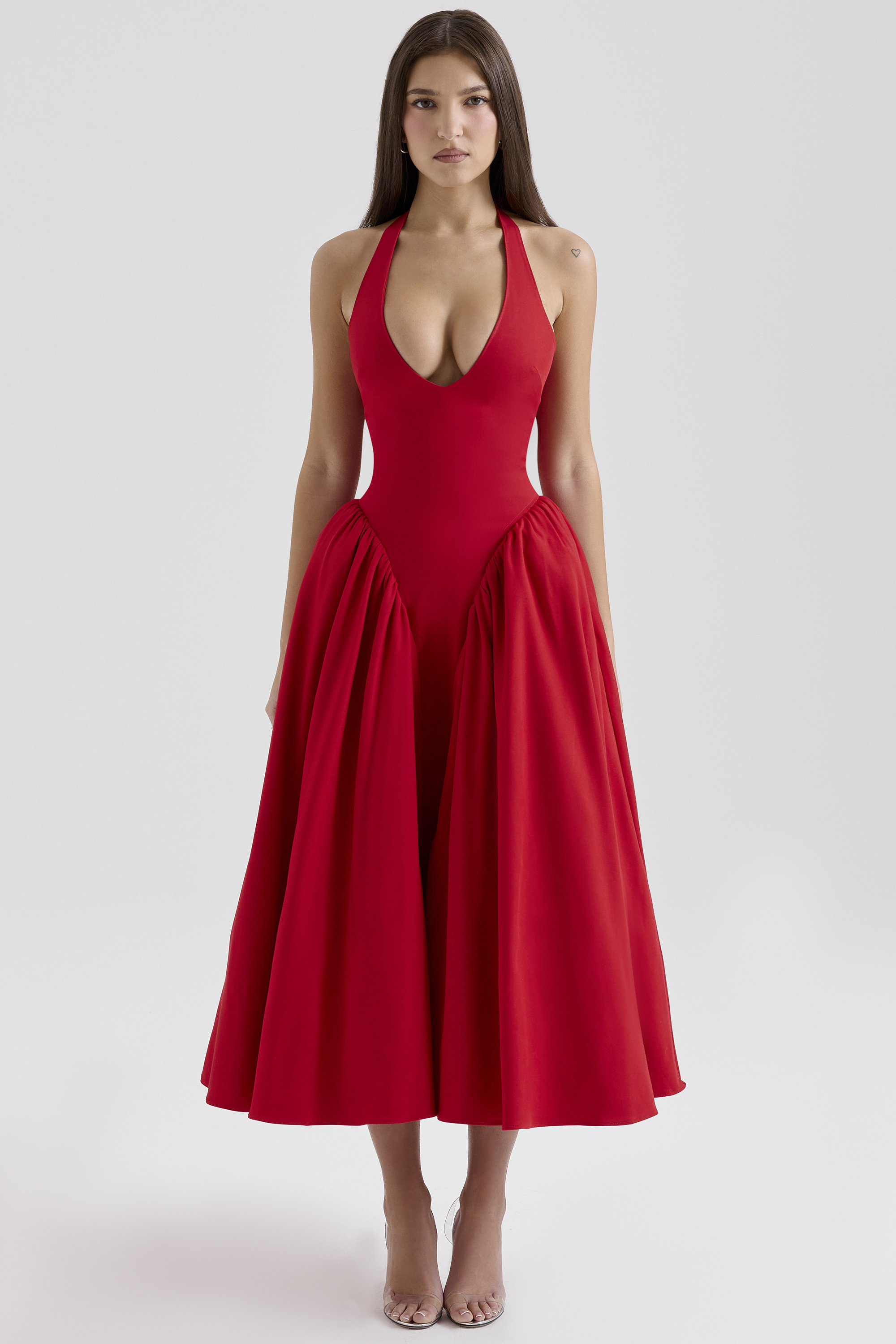 red twill halter midi dress