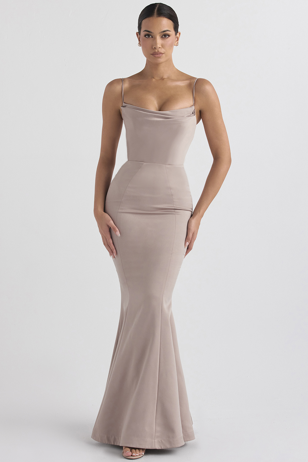 mushroom satin fishtail gown