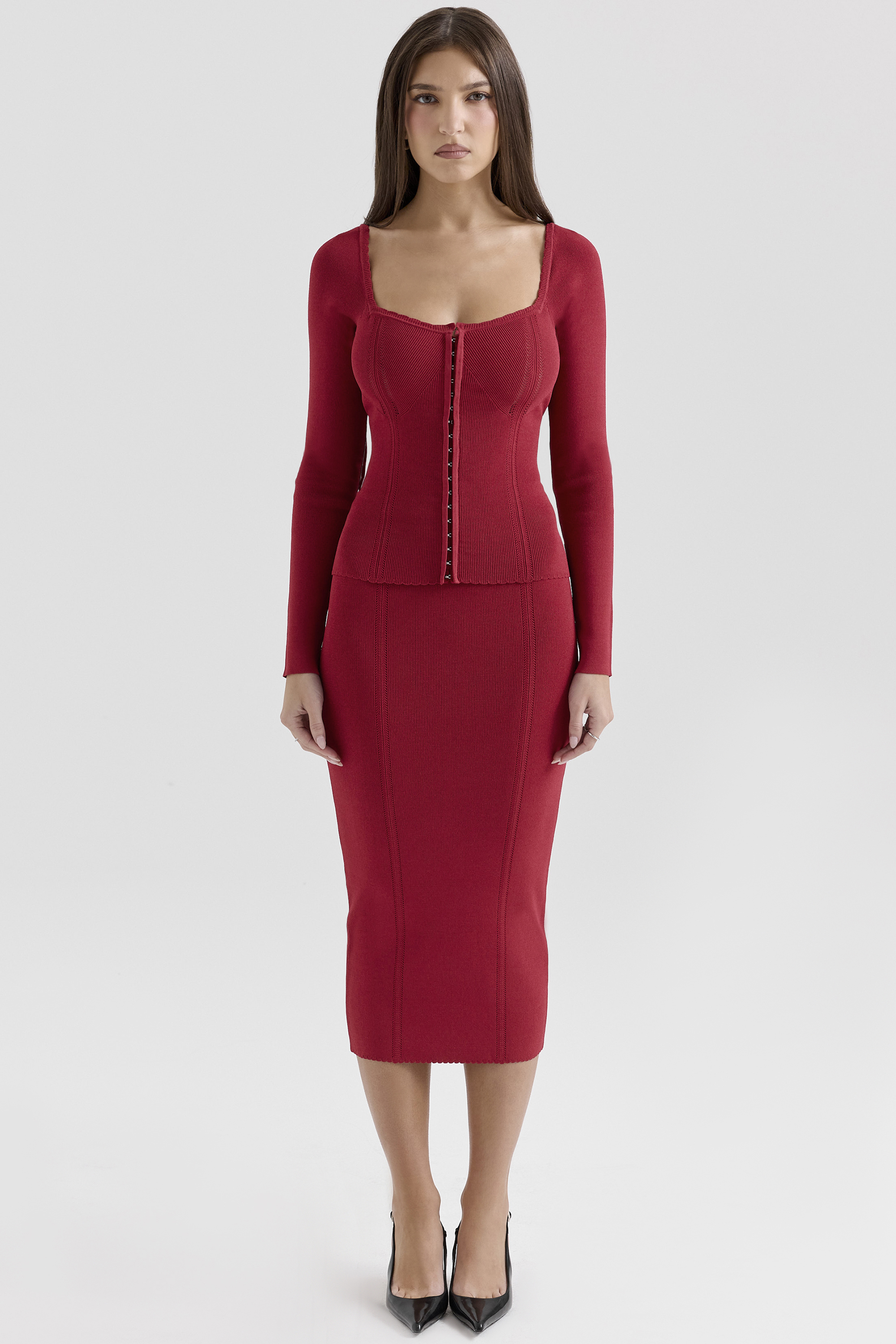 red bodycon knitted midi skirt