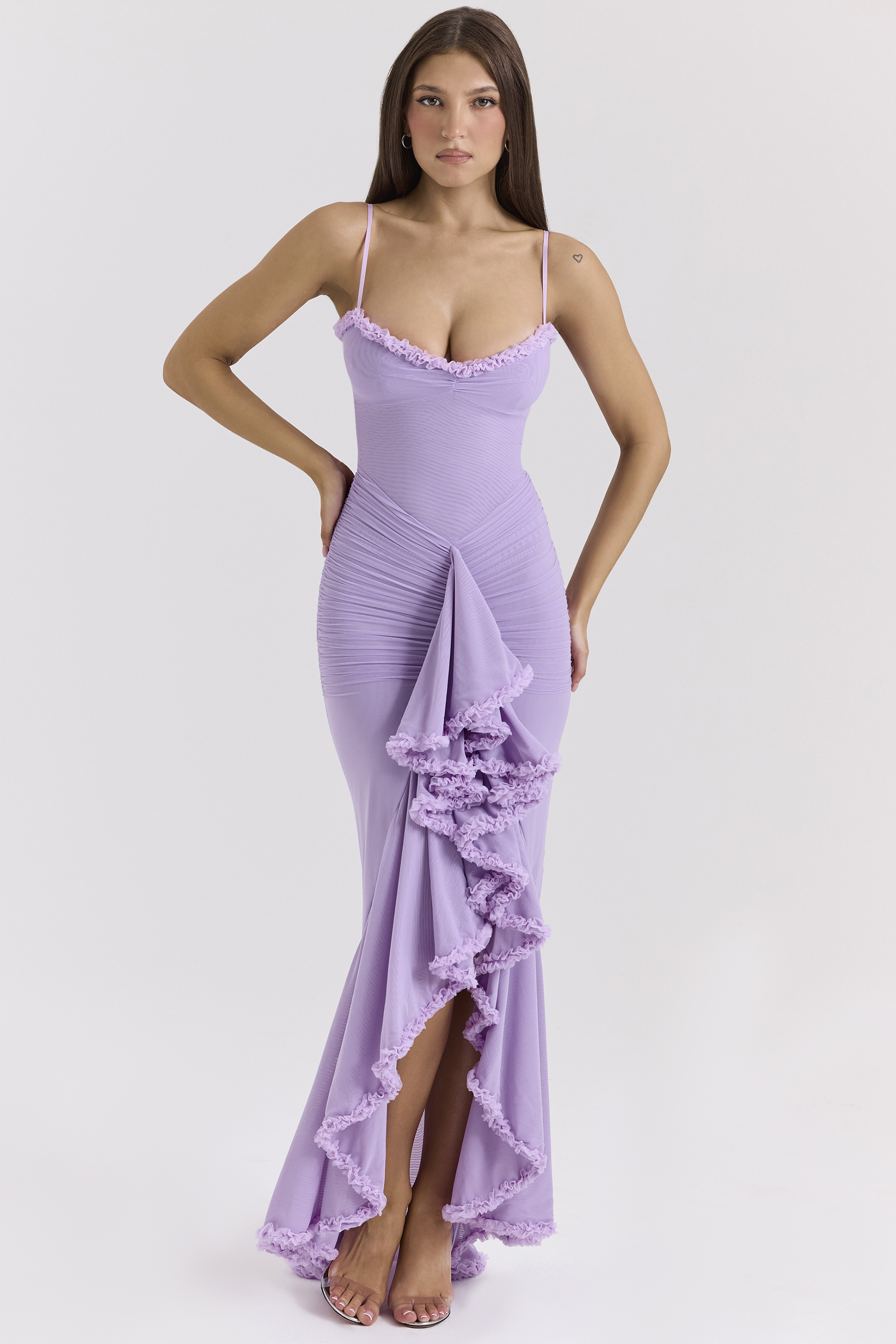 orchid mesh ruffled front gown