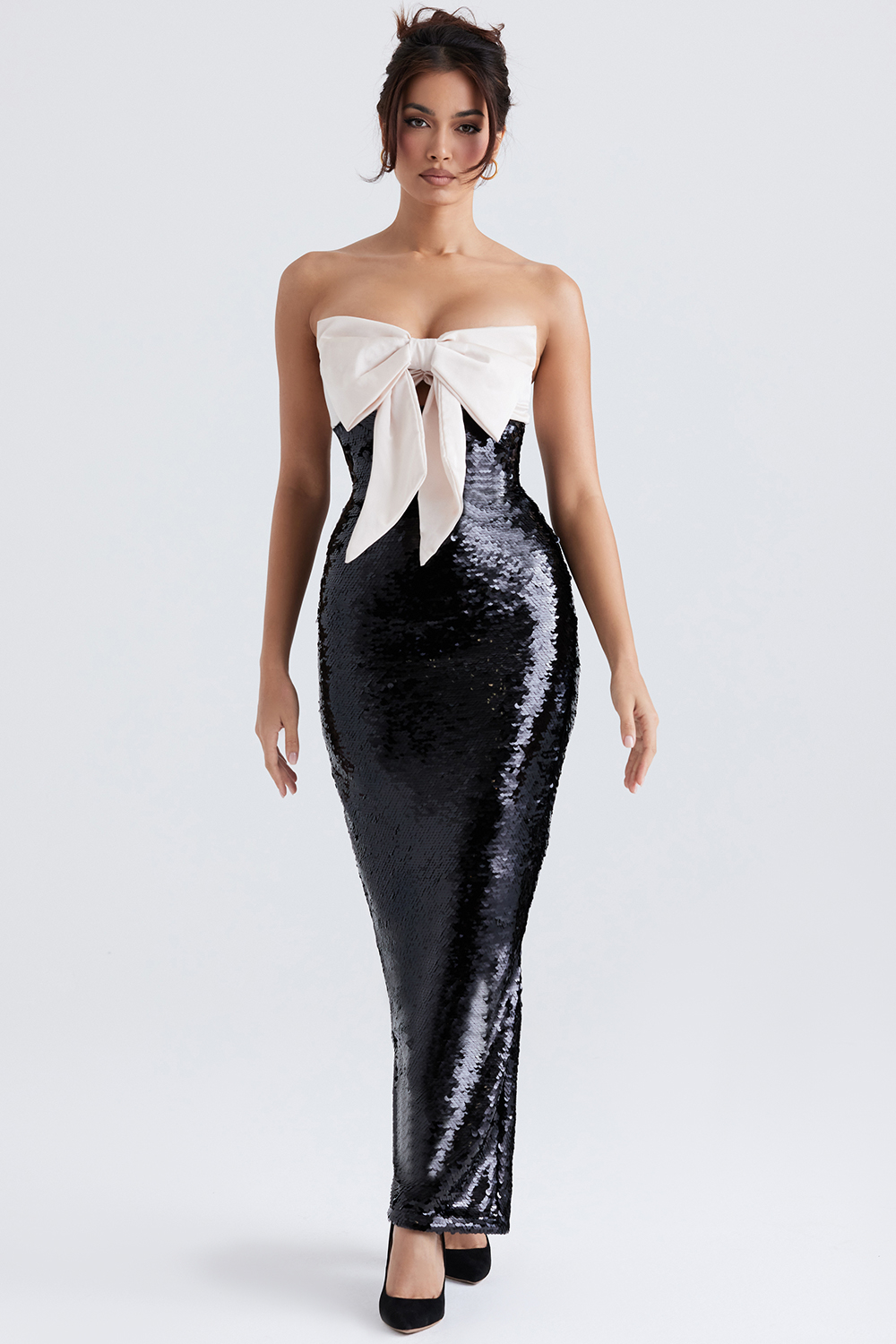 black sequin strapless bow dress
