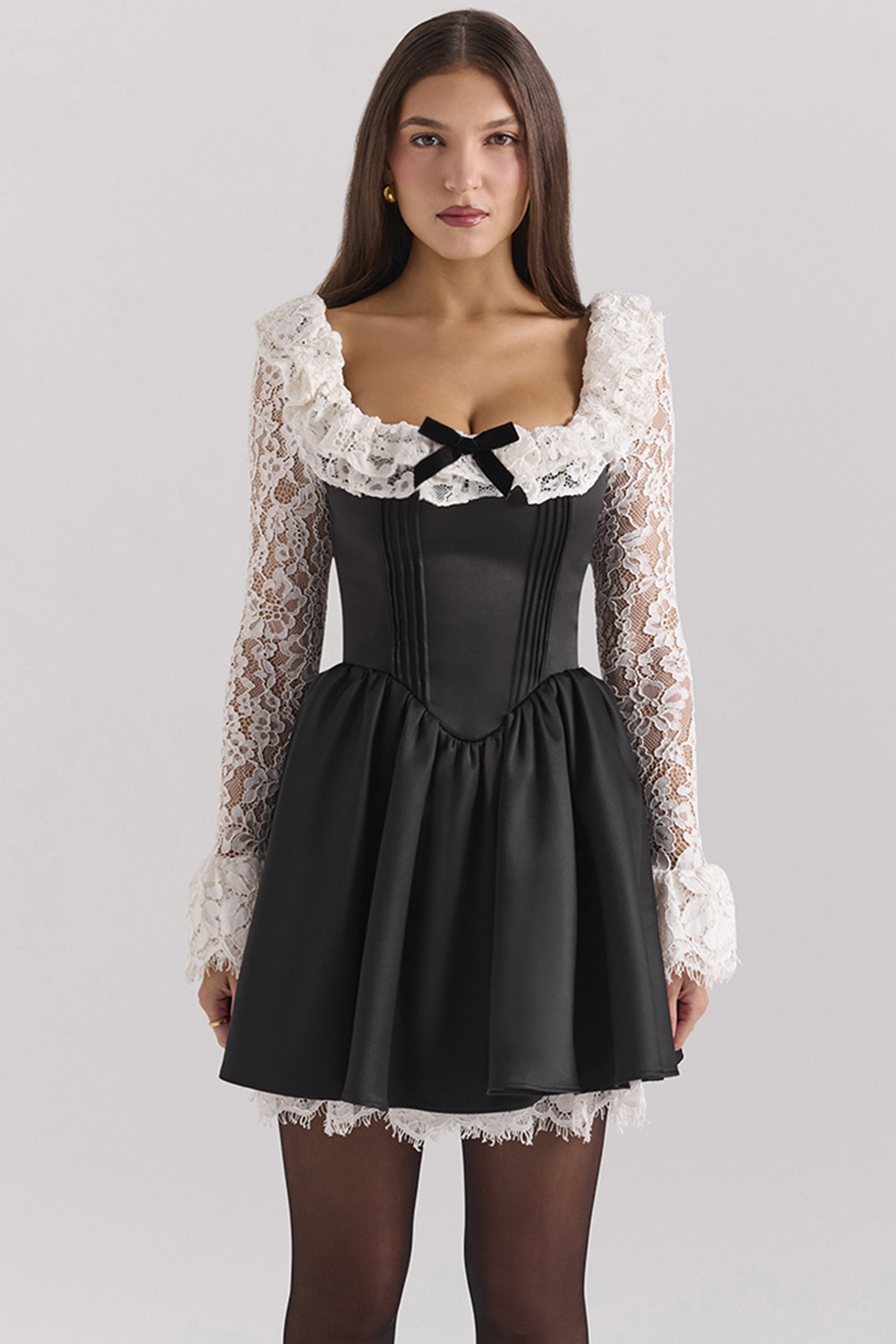 black lace ruffle mini dress