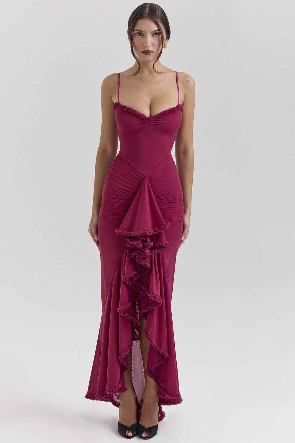 wine ruffled front gown