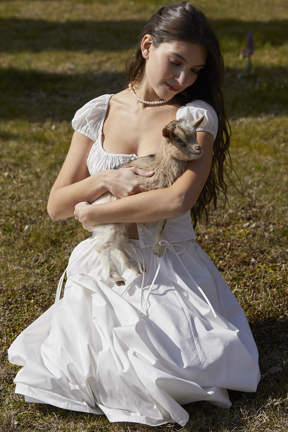 white gathered midi skirt