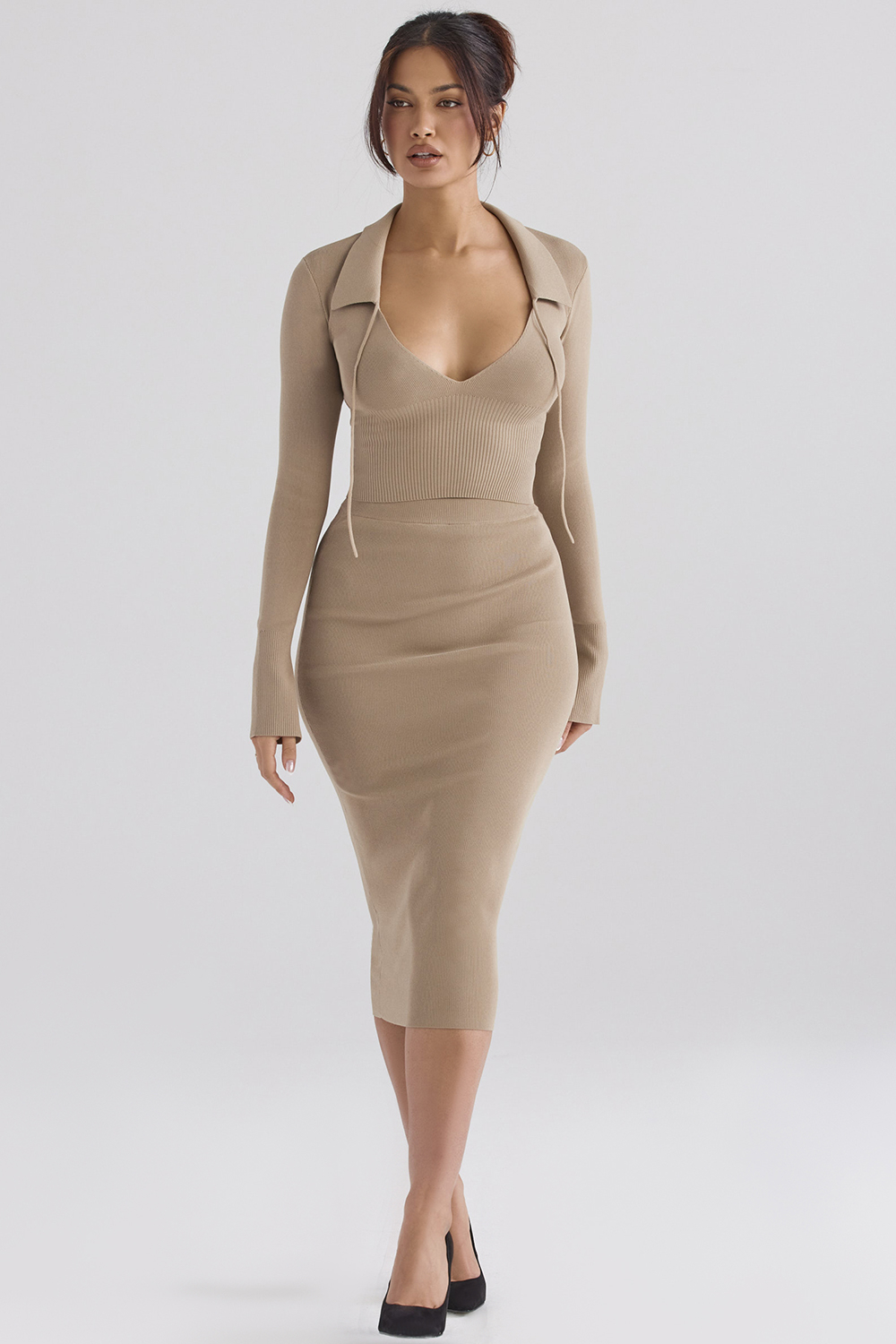 camel knit midi skirt