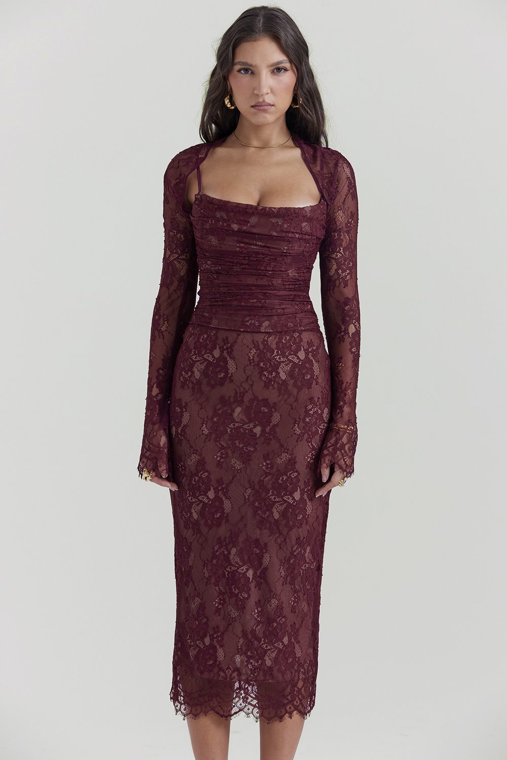 claret lace midi dress