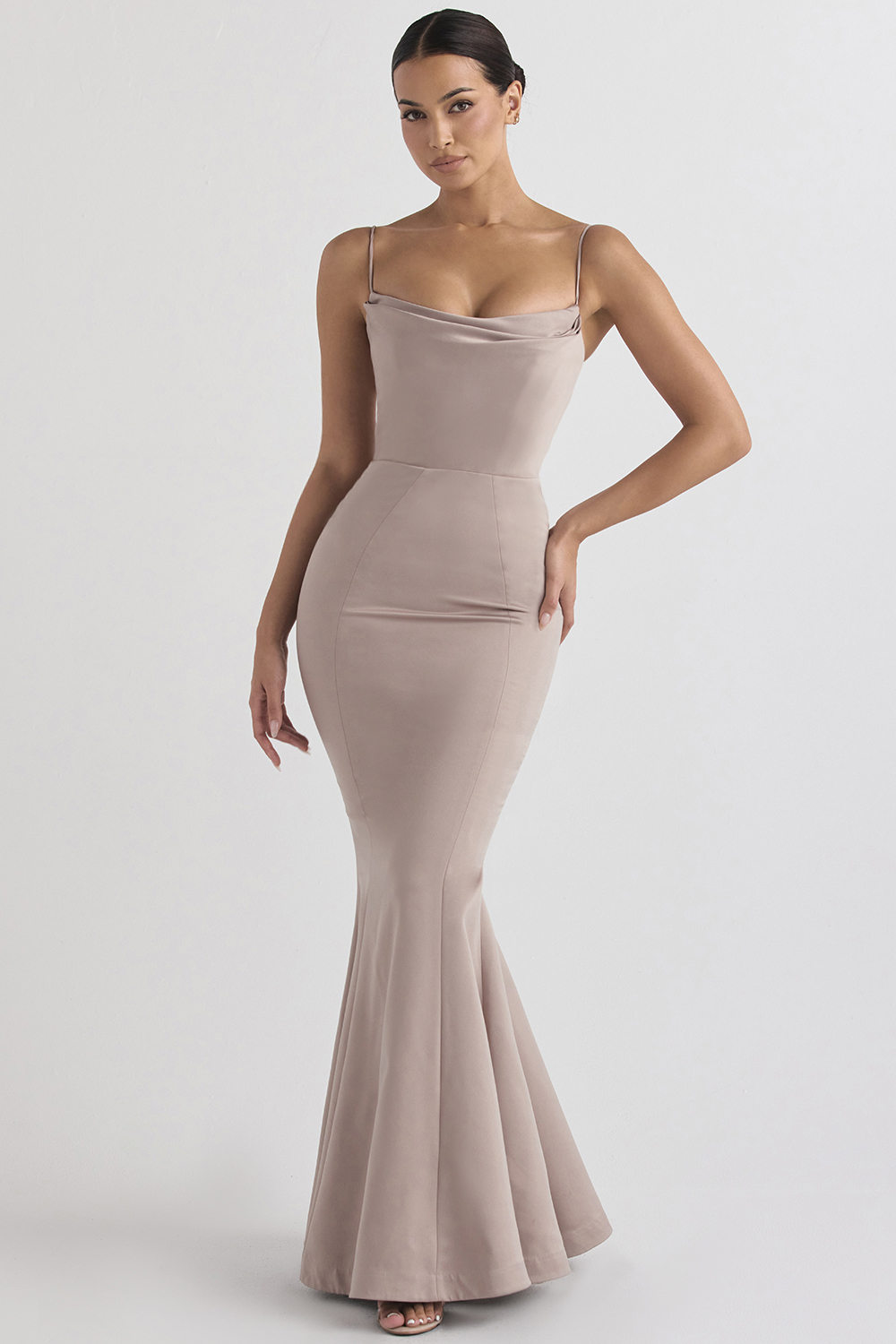 mushroom satin fishtail gown