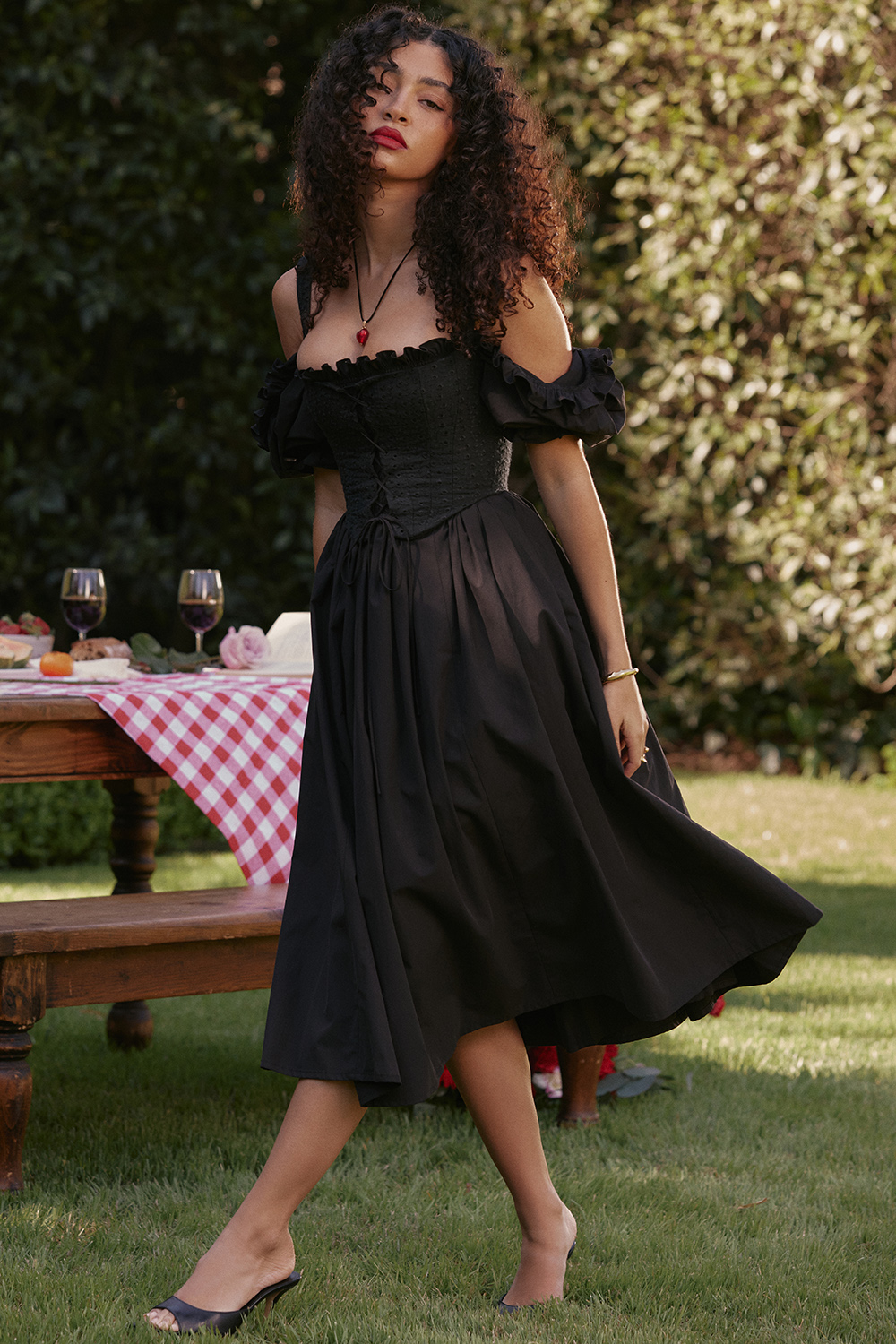 black puff sleeve midi sundress