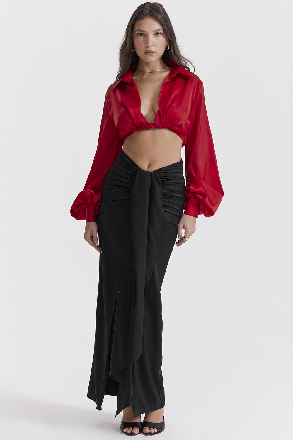 black draped silk maxi skirt