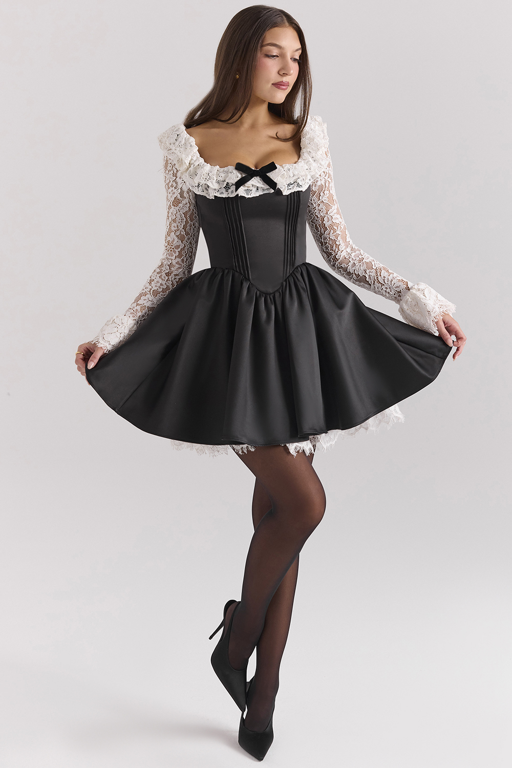 black lace ruffle mini dress