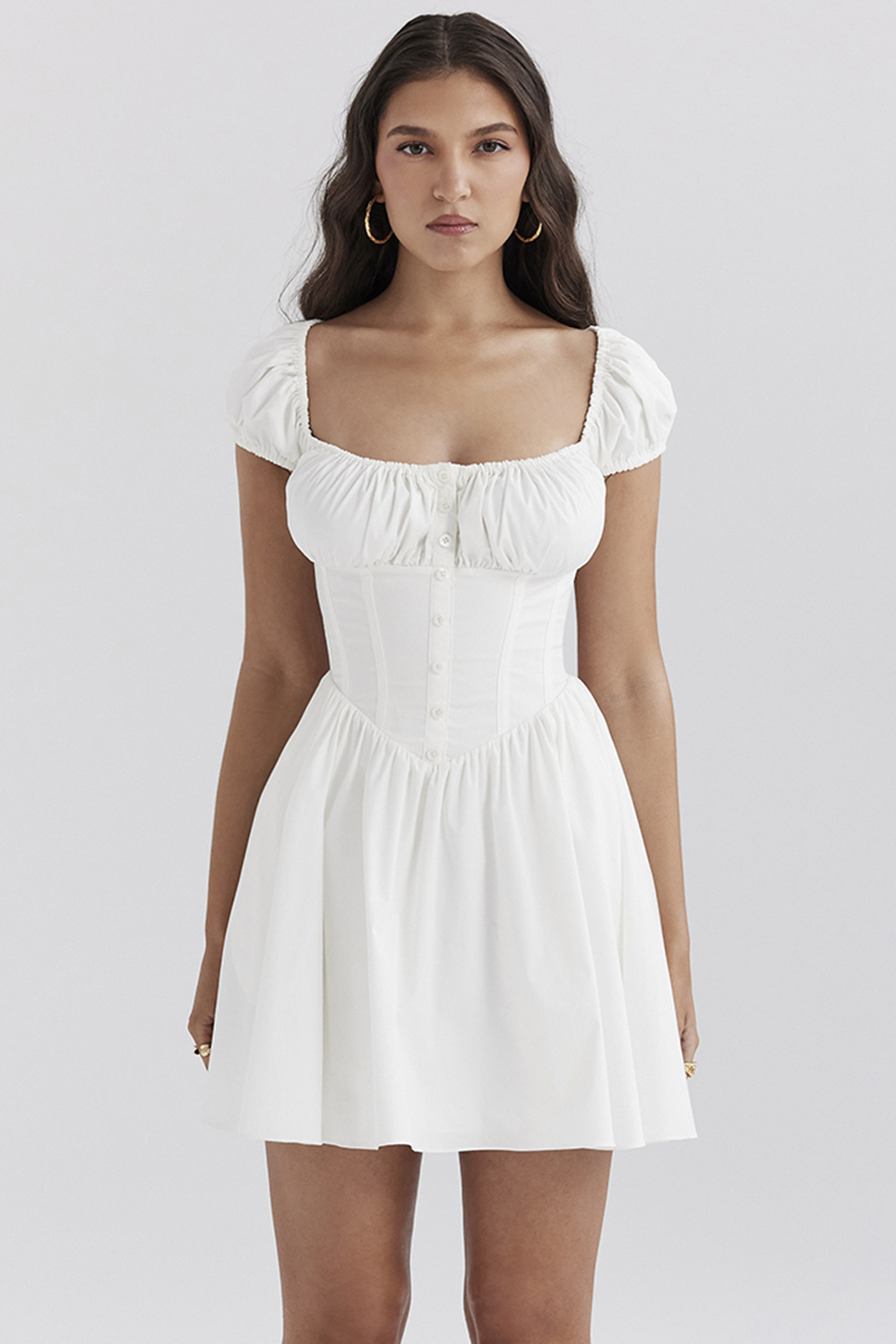 white cotton gathered mini dress