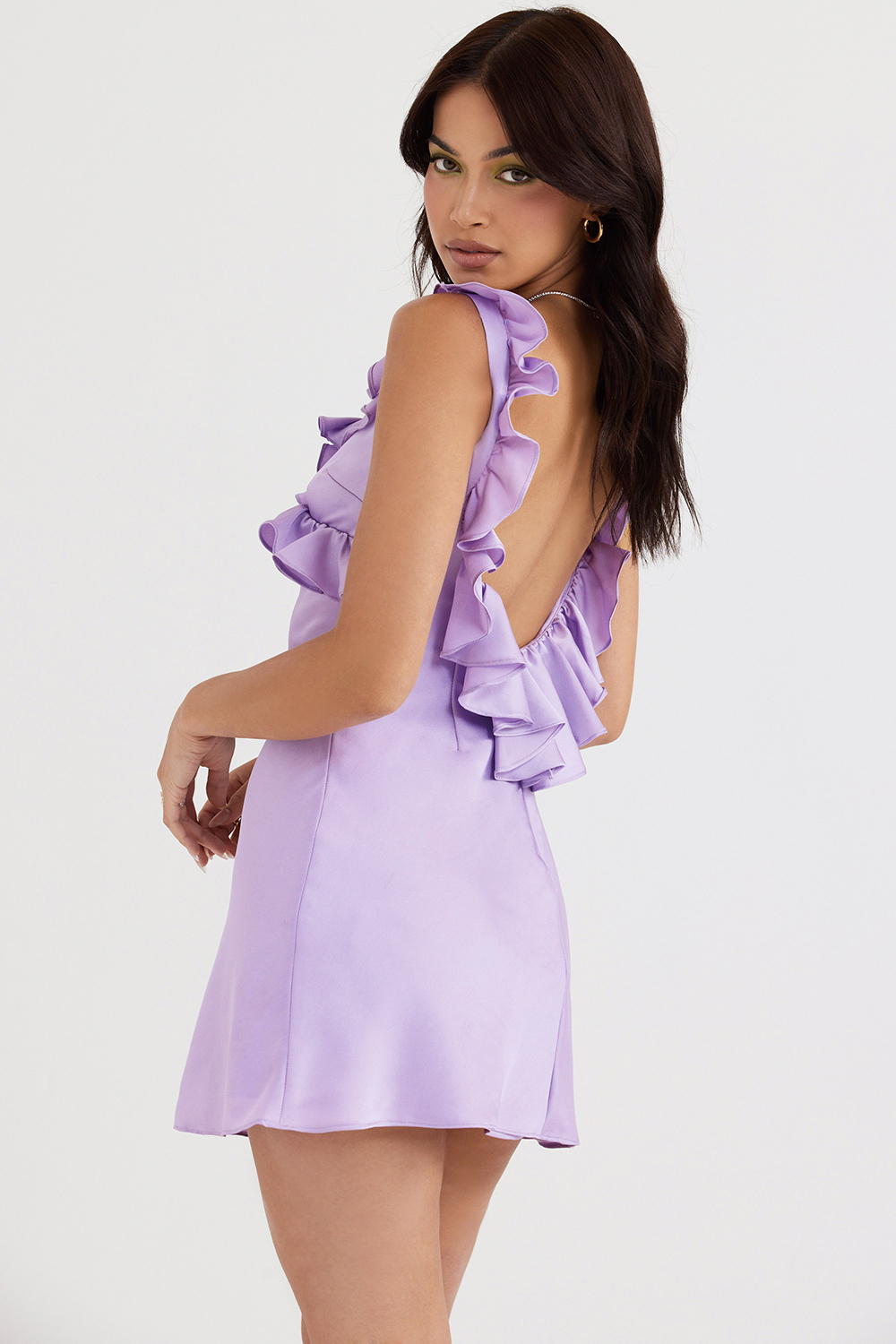 orchid satin ruffle mini dress