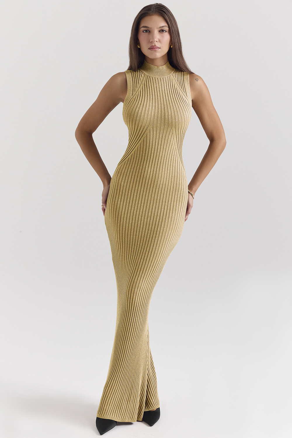 gold metallic ribbed maxi dress