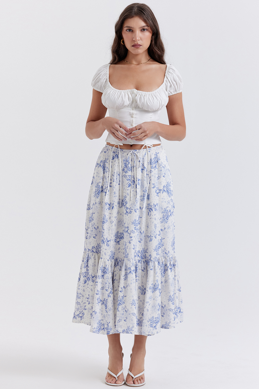 blue print midi skirt