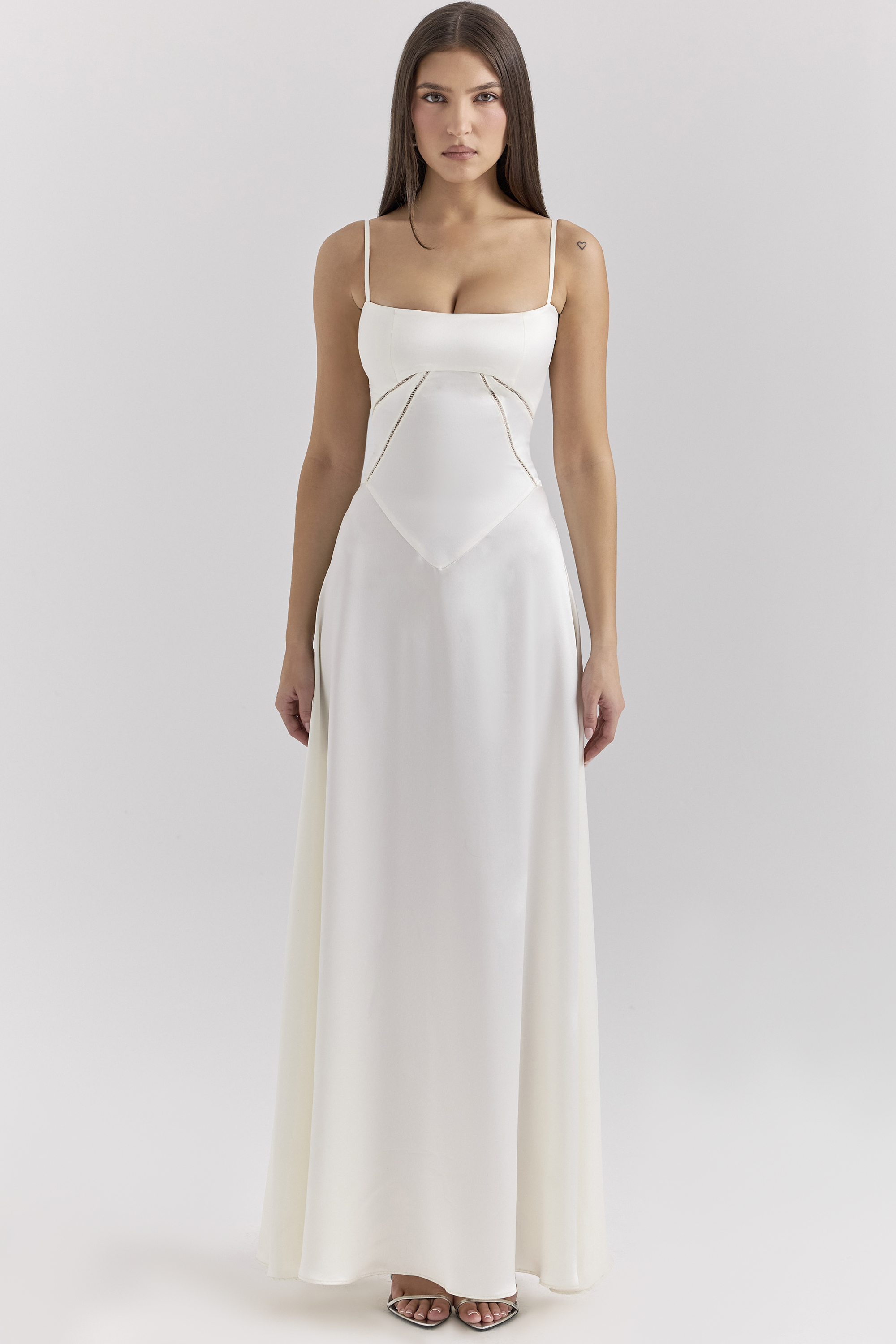ivory satin lace up maxi dress