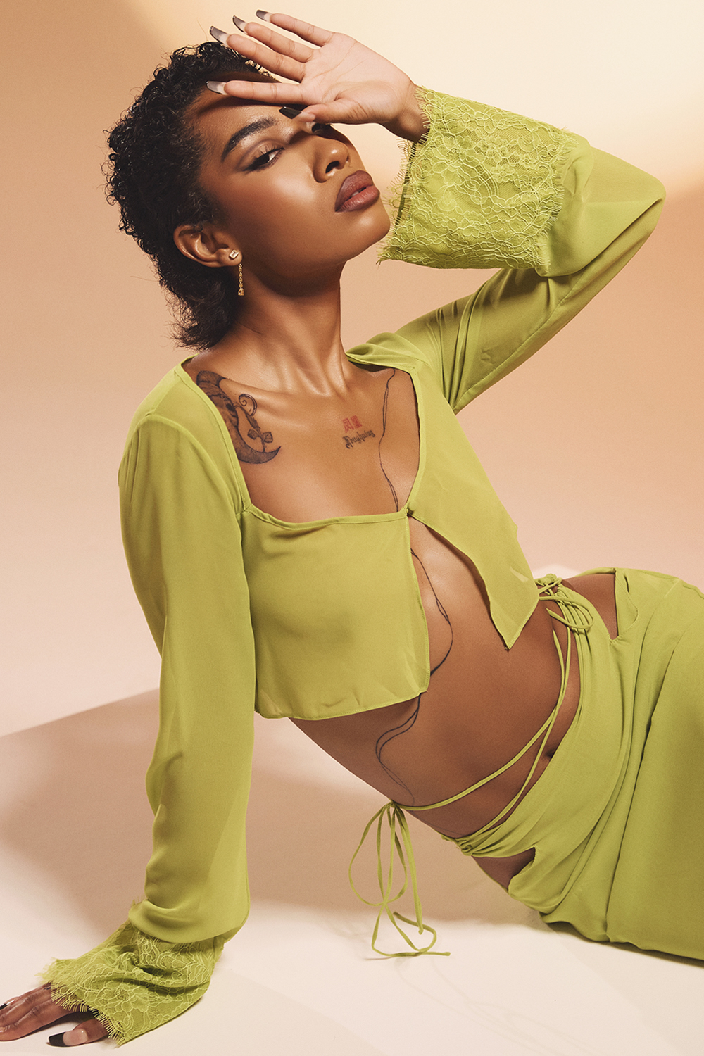 lime green georgette cropped top
