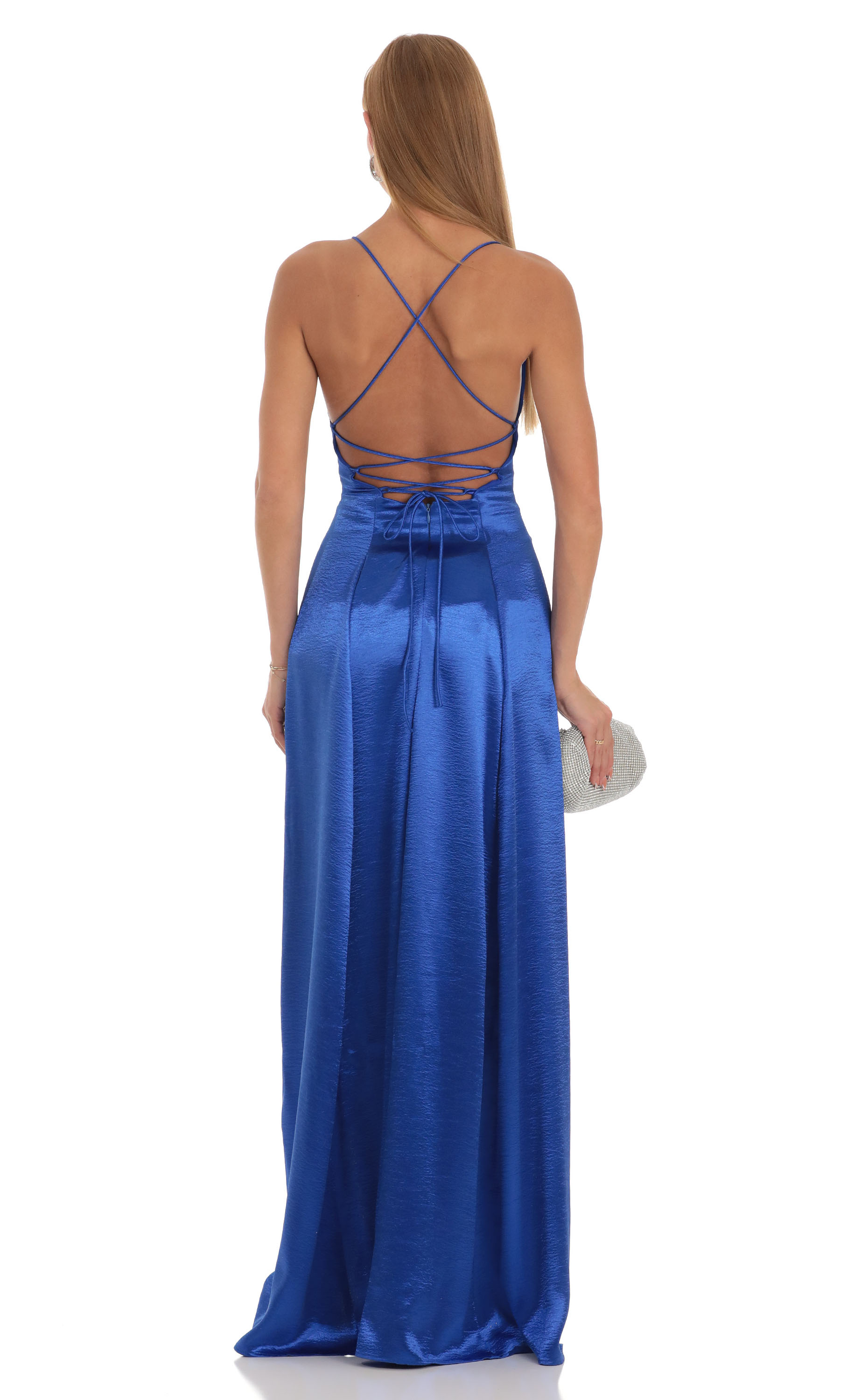 Satin Slit Maxi Dress in Blue