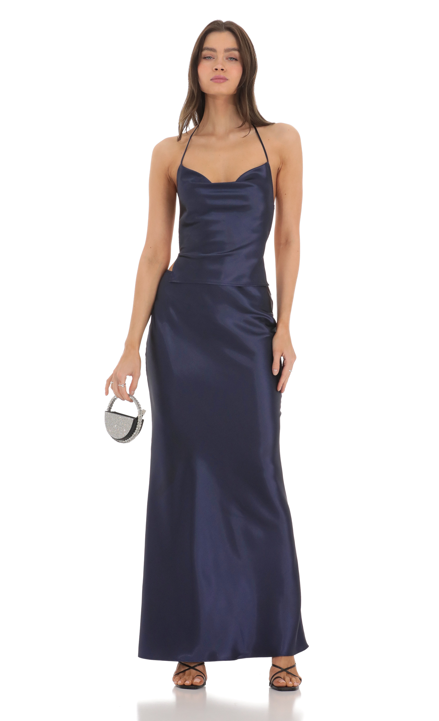 Satin Slip Two Piece Set in Navy