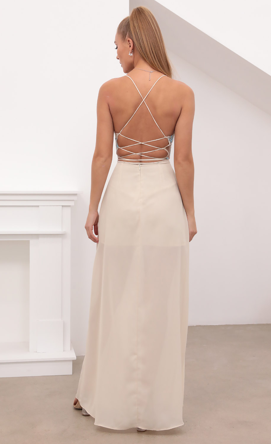 Gold Lace Maxi Dress in Sand