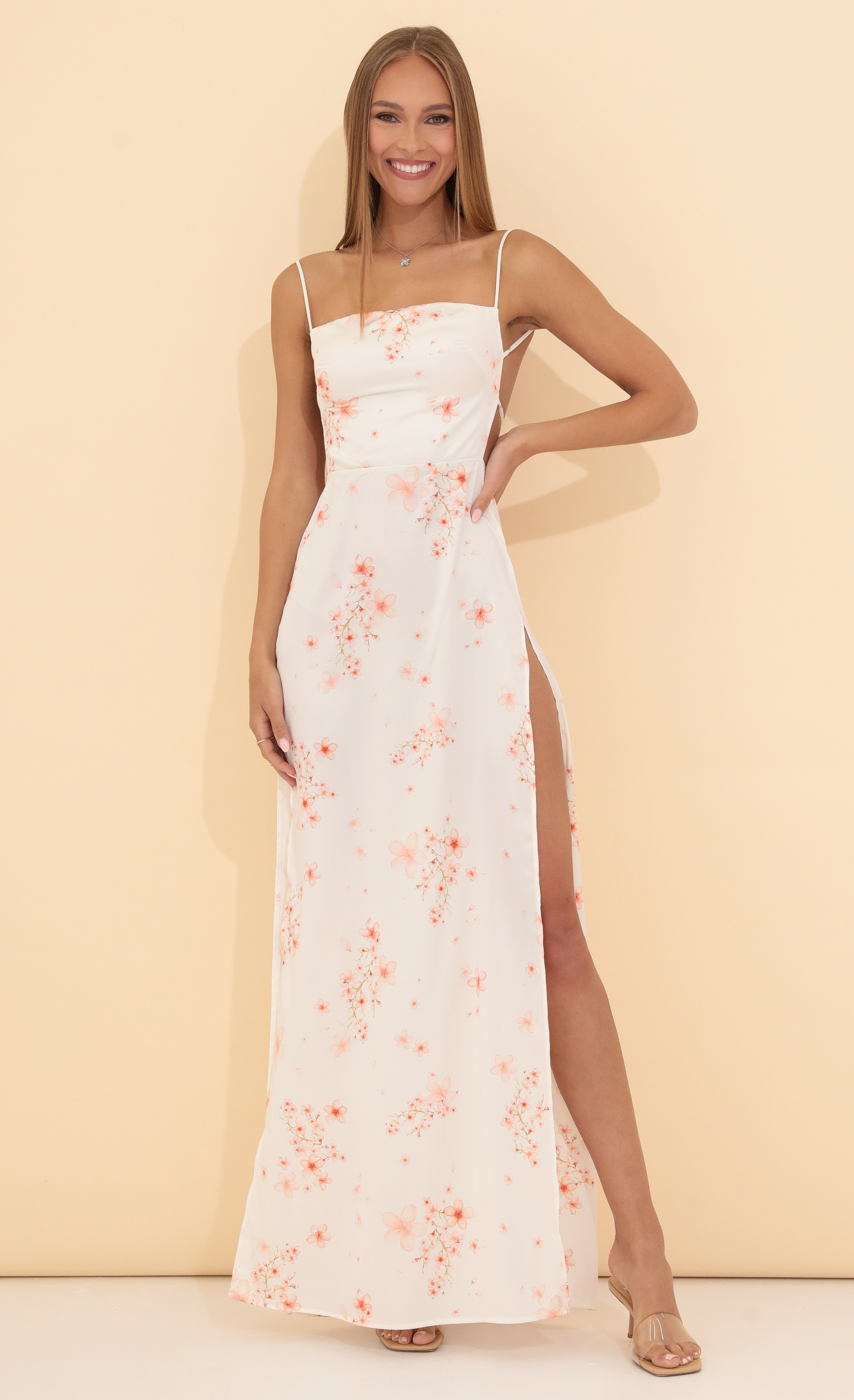 Floral Crepe Satin Maxi in White
