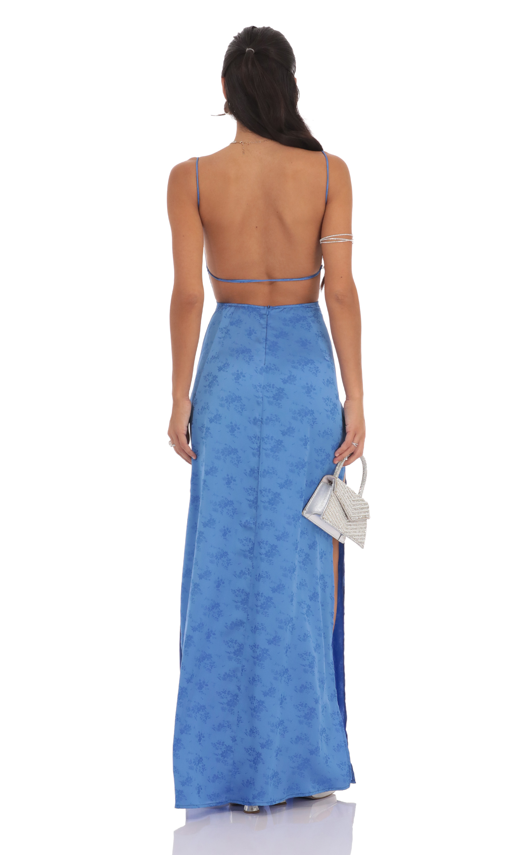 Satin Floral Maxi Dress in Blue