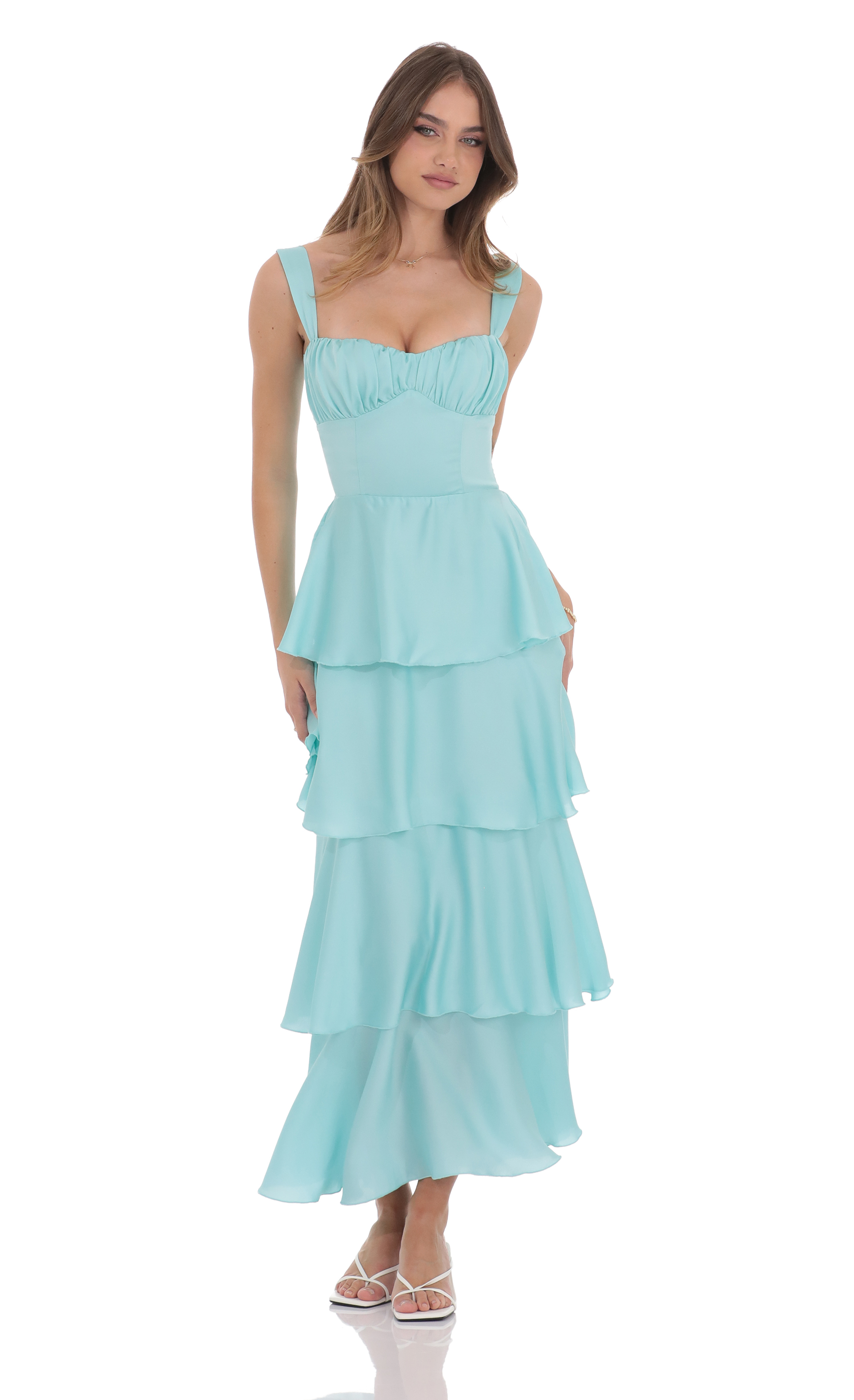 Ruffle Maxi Dress in Aqua Blue