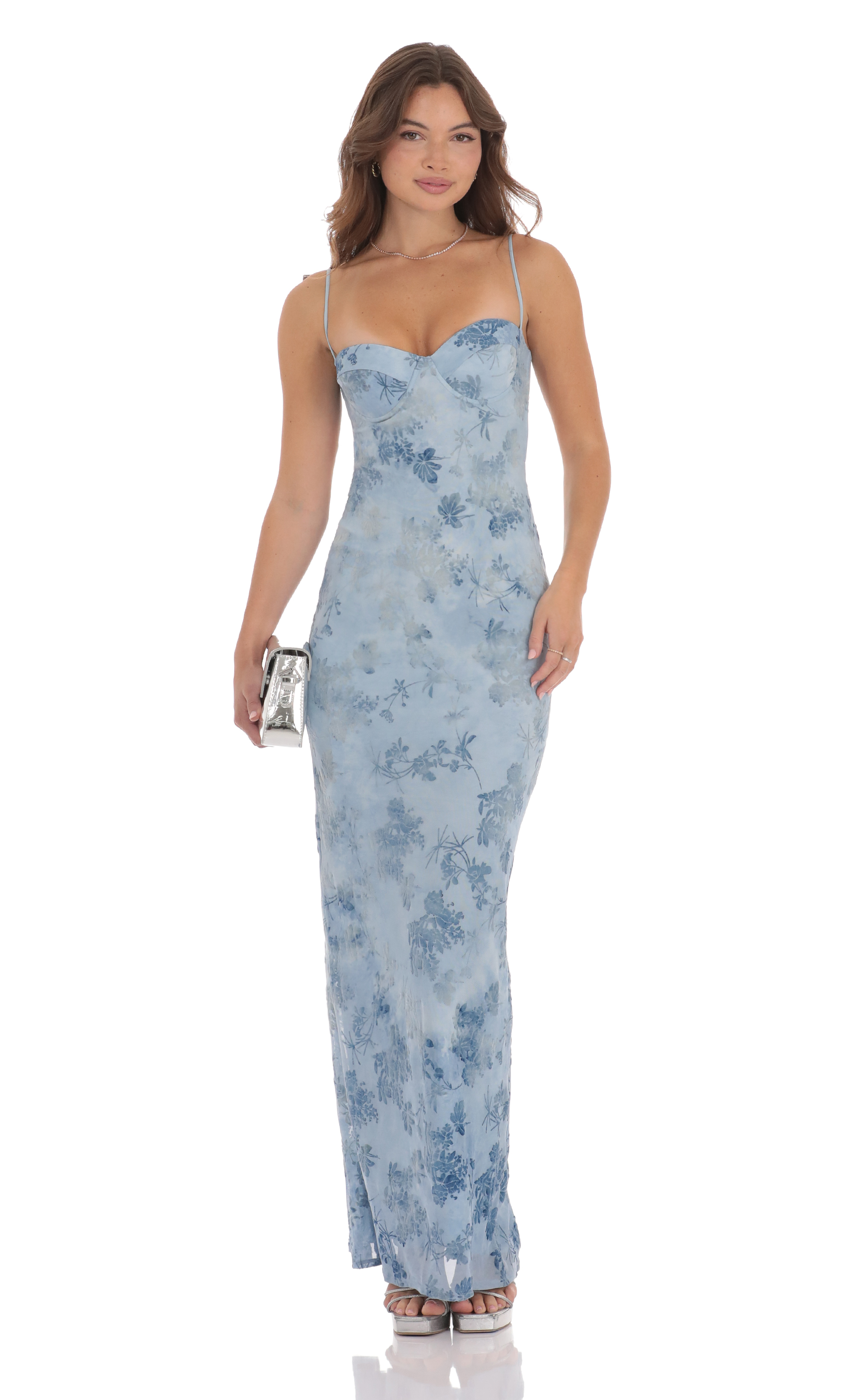 Velvet Floral Maxi Dress in Blue