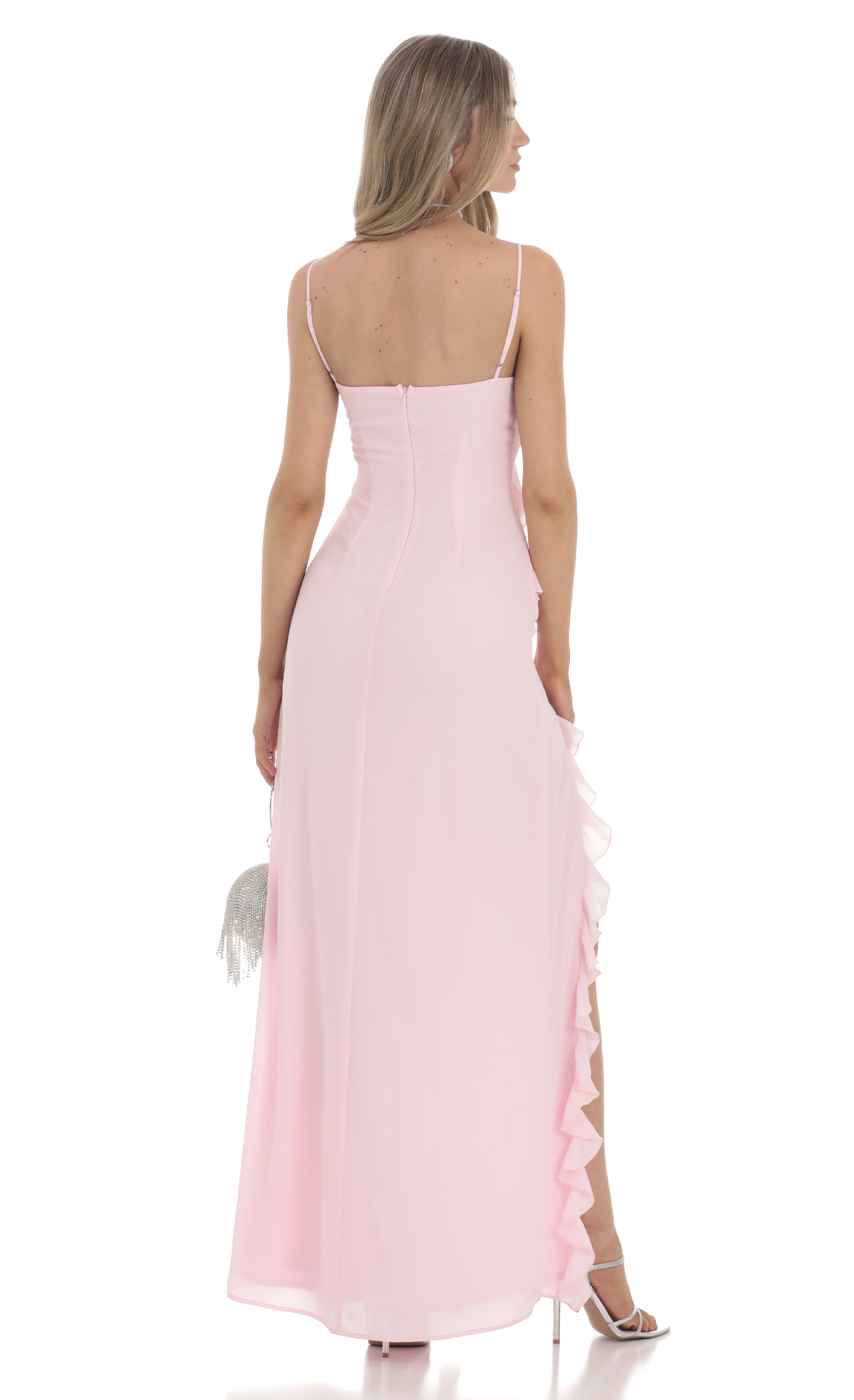 Ruffle V-Neck Maxi Dress in Pink