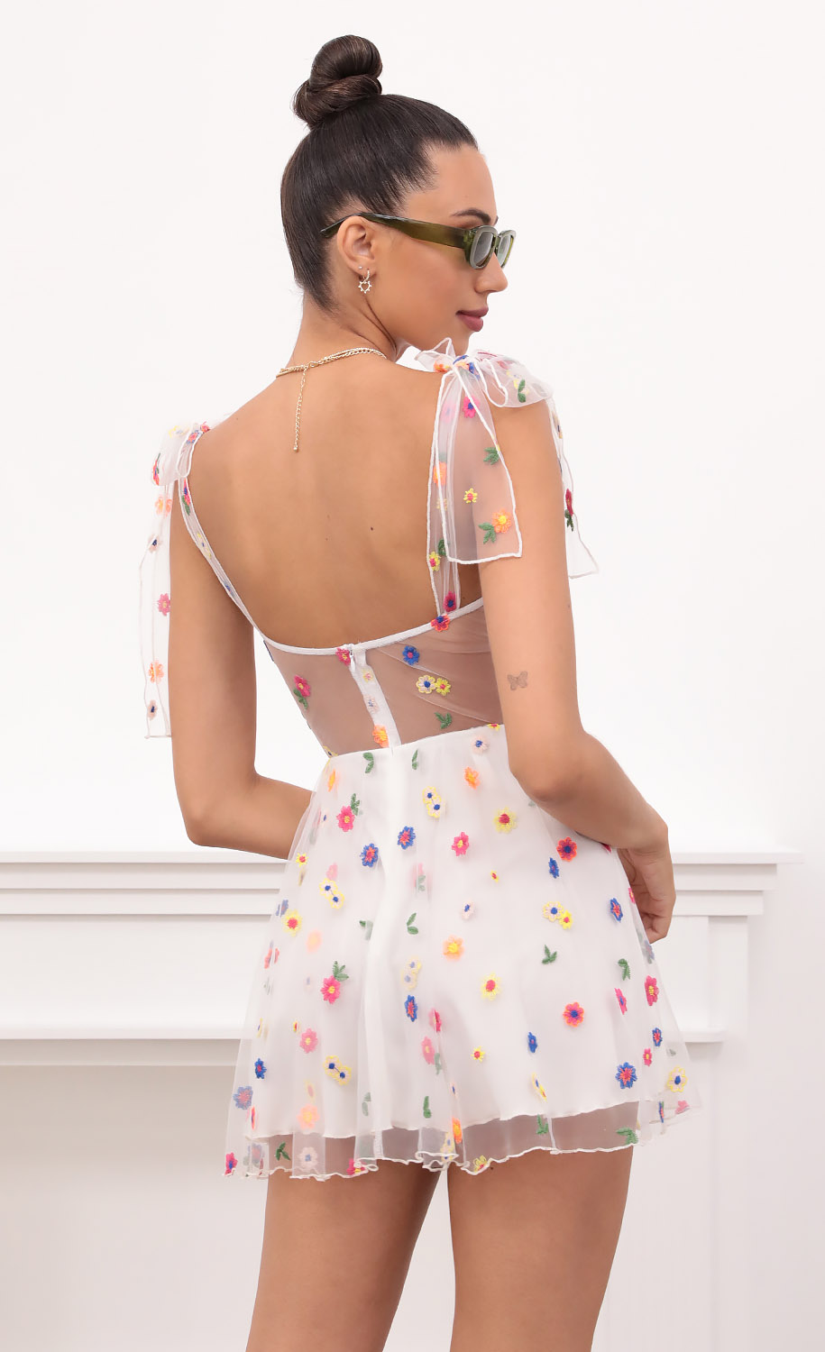 Embroidered Flower Mesh in White