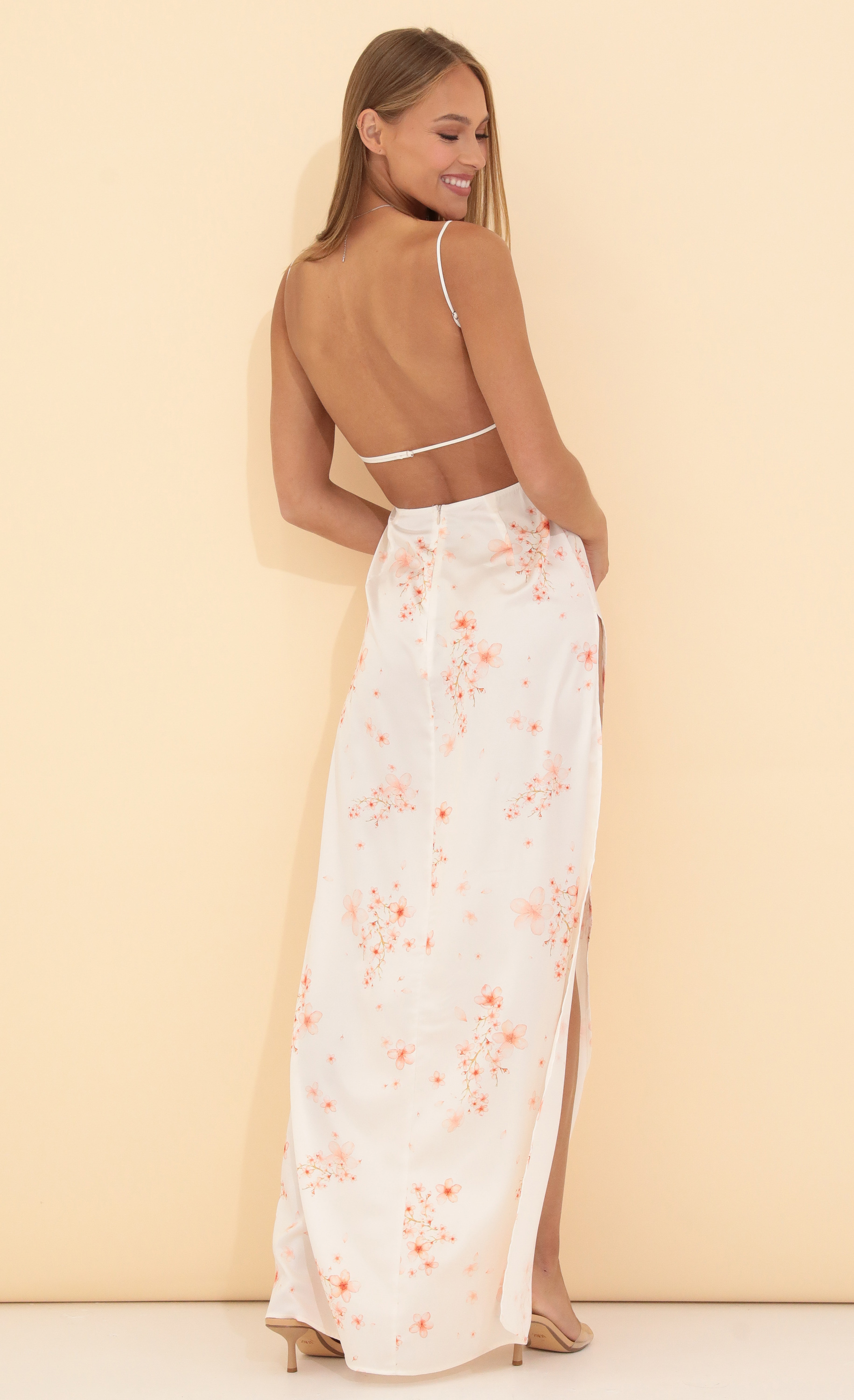 Floral Crepe Satin Maxi in White