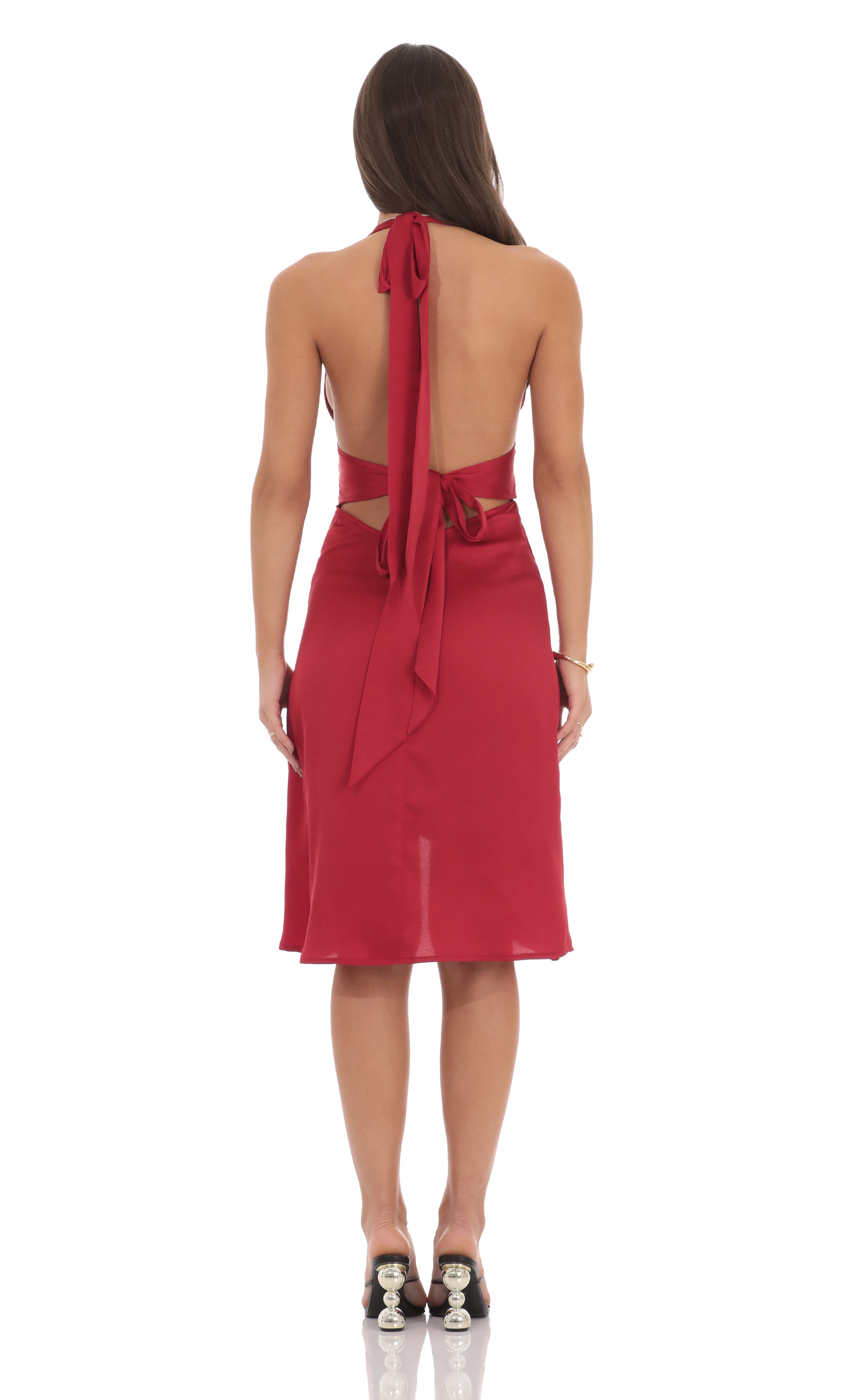 Satin Ruffle Slit Dress in Red