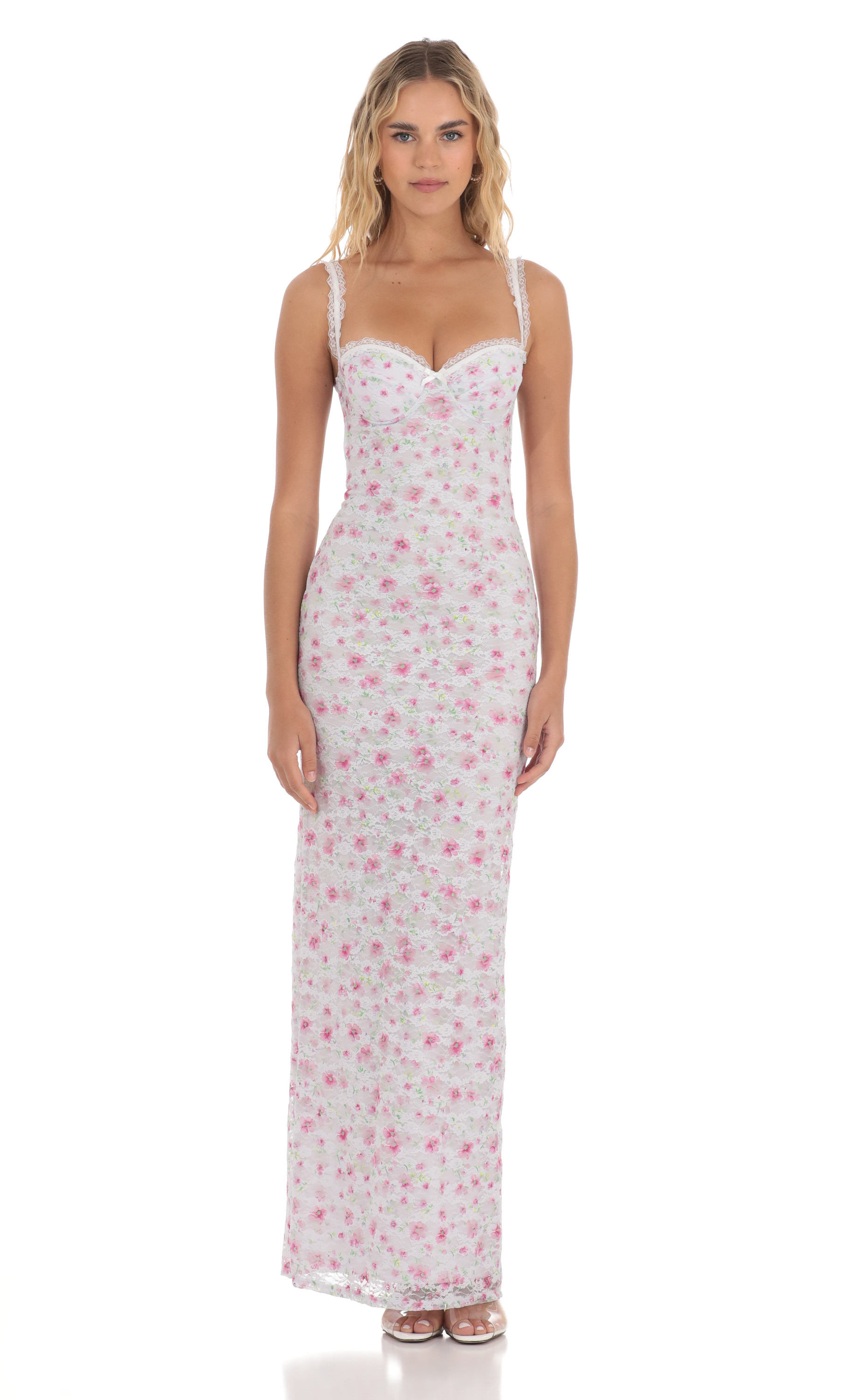 Lace Floral Maxi Dress in White