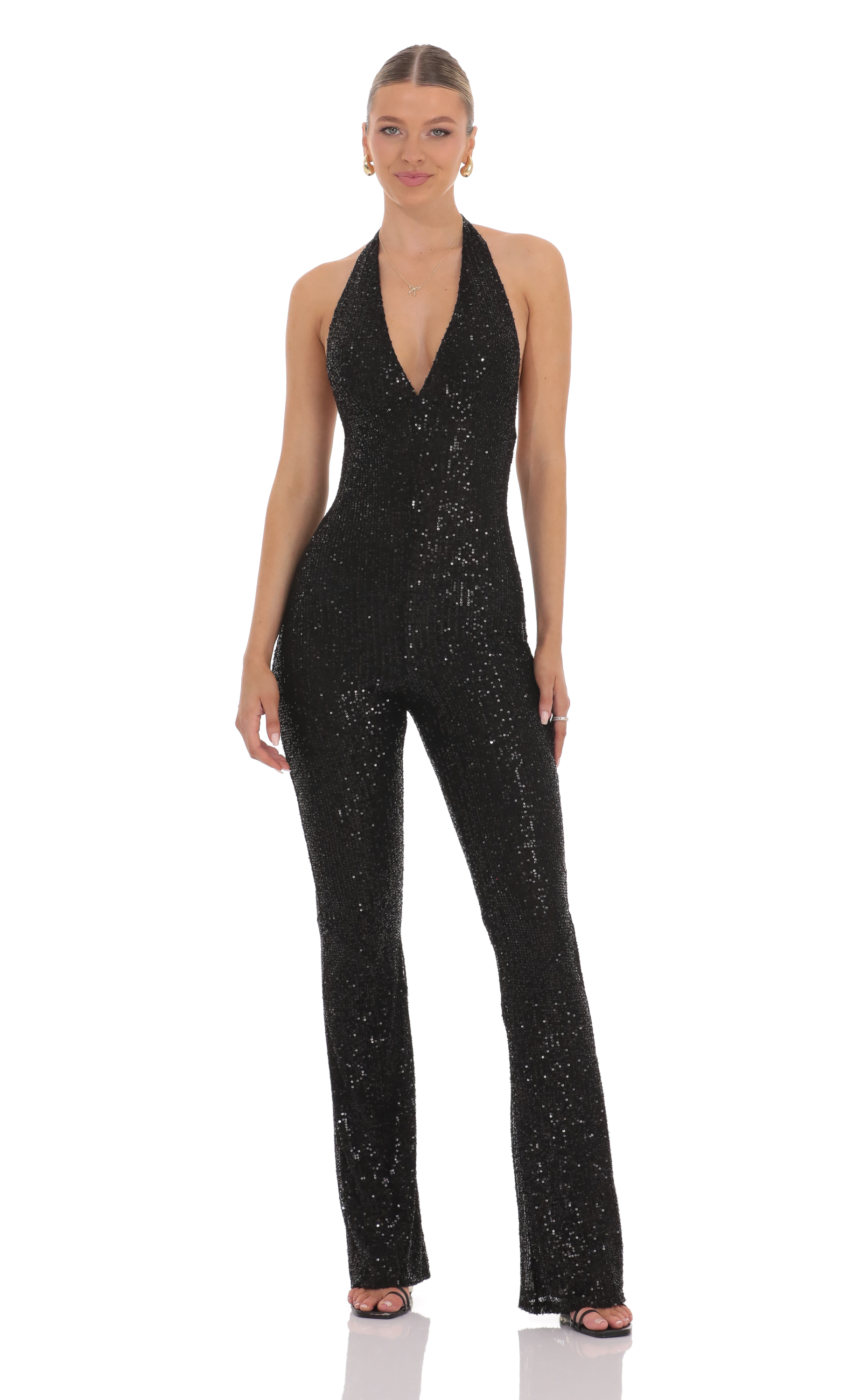Sequin Halter Jumpsuit in Black