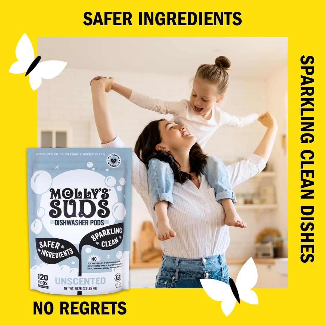 Molly's Suds Dishwasher Pods | Natural Dishwasher Detergent, Cuts Grease & Rinses Clean (Residue-Free) for Sparkling Dishes | 60 Auto-Release Tabs (Unscented)