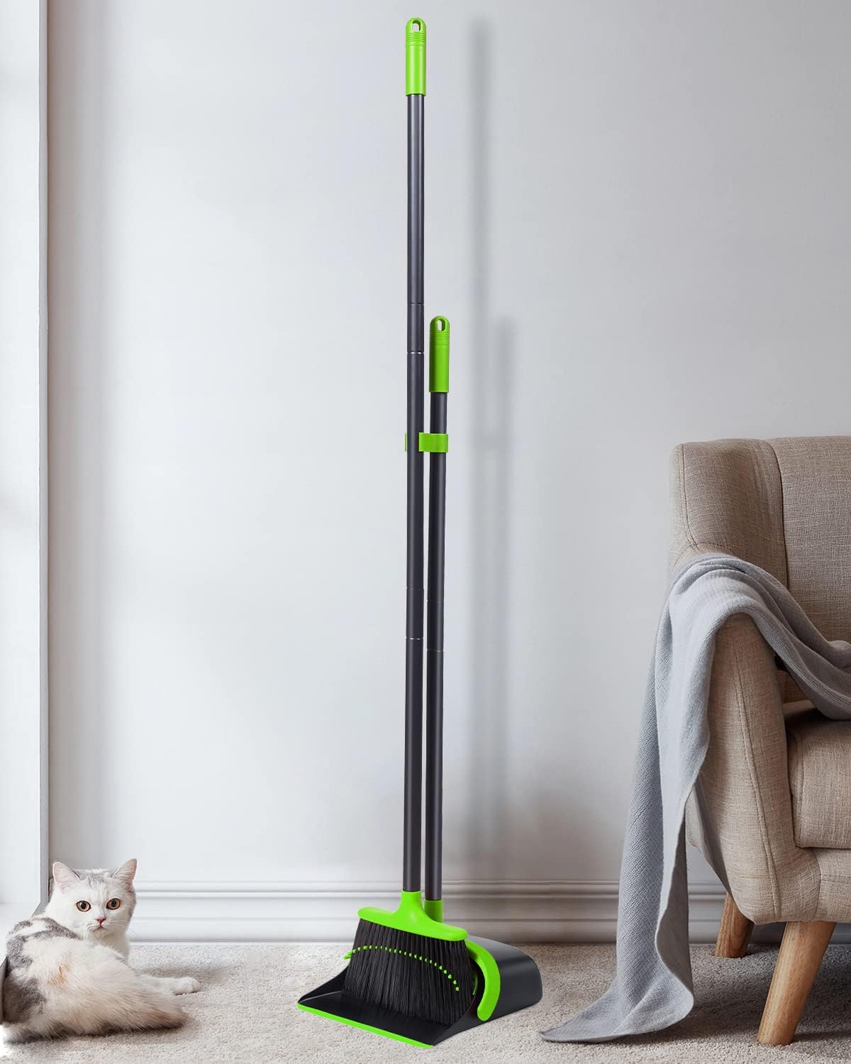 Broom with Dustpan Combo Set, Upgrade Broom and Dustpan Set for Home, 52'' Long Handle Broom and Dustpan Set, Standing Dustpan and Broom for Kitchen Office Lobby Floor