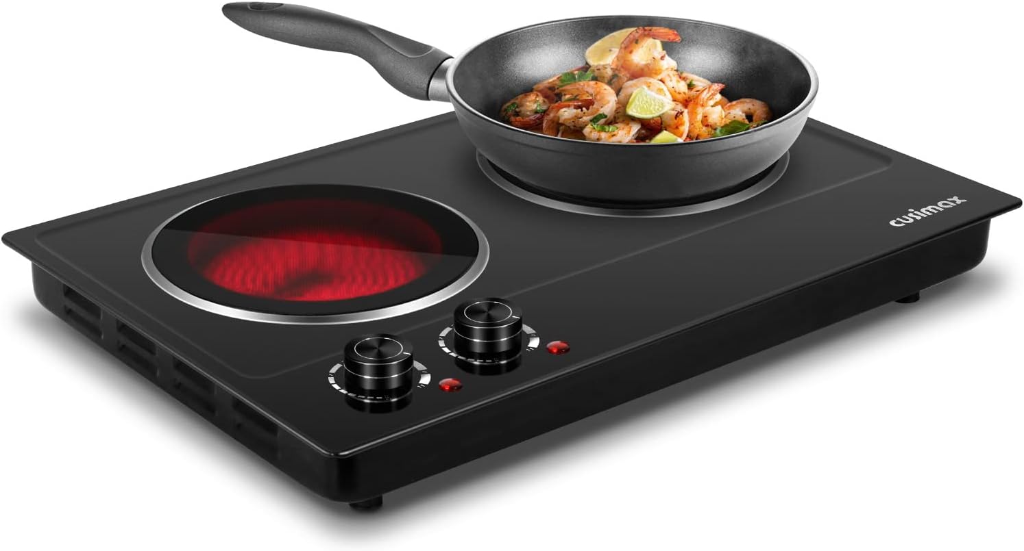 CUSIMAX 1800W Ceramic Electric Hot Plate for Cooking, Dual Control Infrared Cooktop, Double Burner, Portable Countertop Burner, Glass Plate Electric Cooktop, Silver, Stainless Steel-Upgraded Version