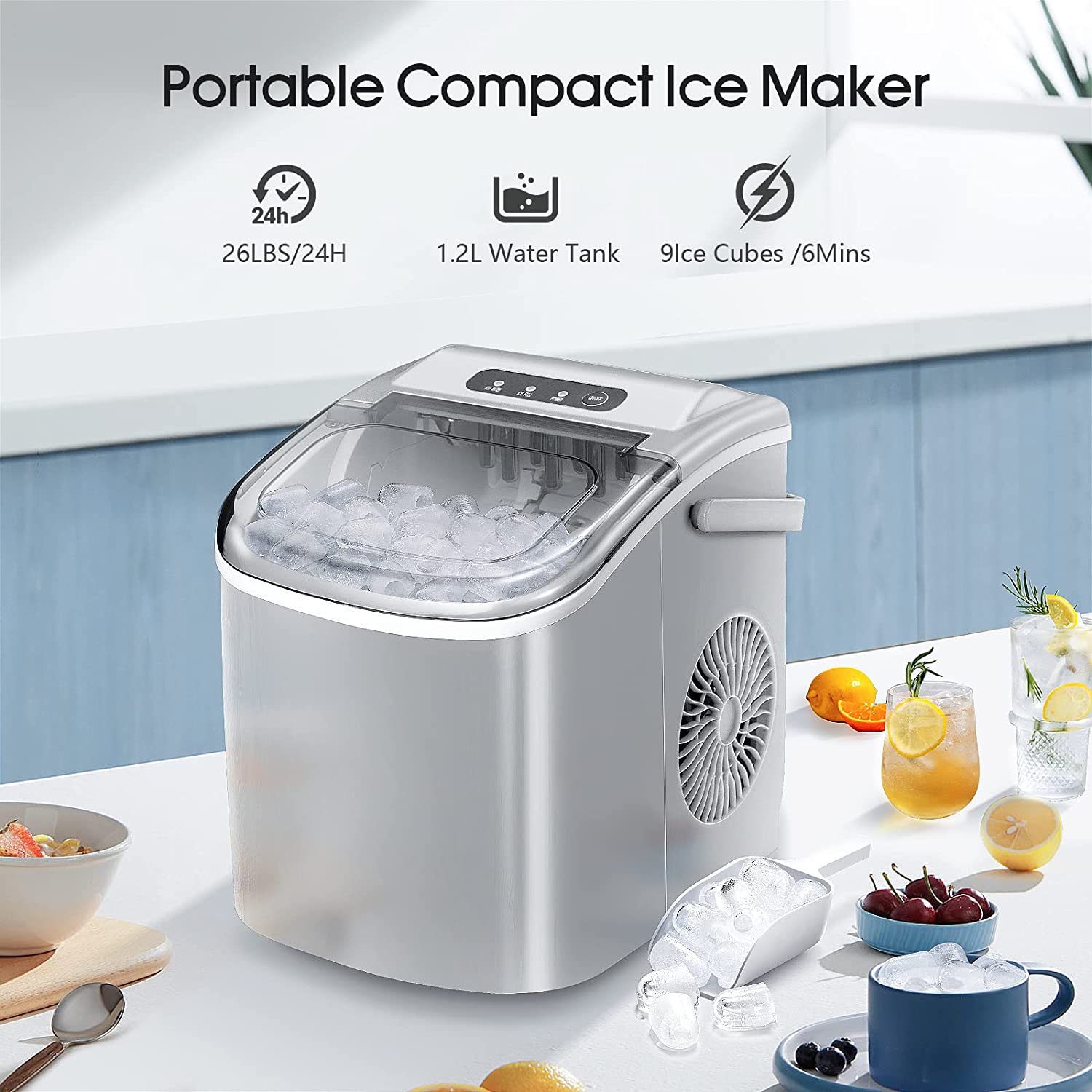 Silonn Ice Makers Countertop,Protable Ice Maker Machine with Handle,Self-Cleaning Ice Maker, 26Lbs/24H, 9 Ice Cubes Ready in 8 Mins, for Home/Office/Kitchen